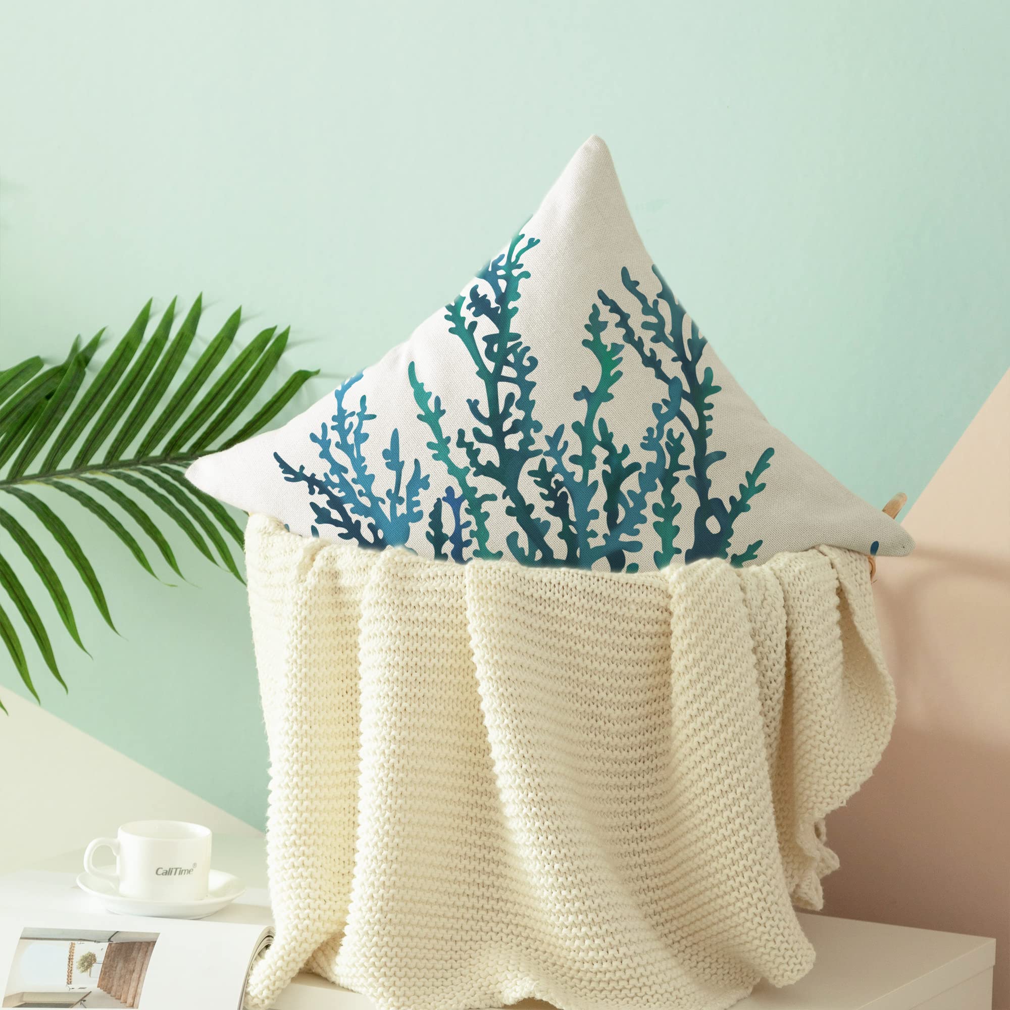 20x20 Inch Aquarelle Painting Print Canvas Throw Pillow Cover - Sea Coral Tree Blue Teal Design for Couch, Sofa & Home Decor | Perfect for Living Room, Bedroom & Coastal Style Interior