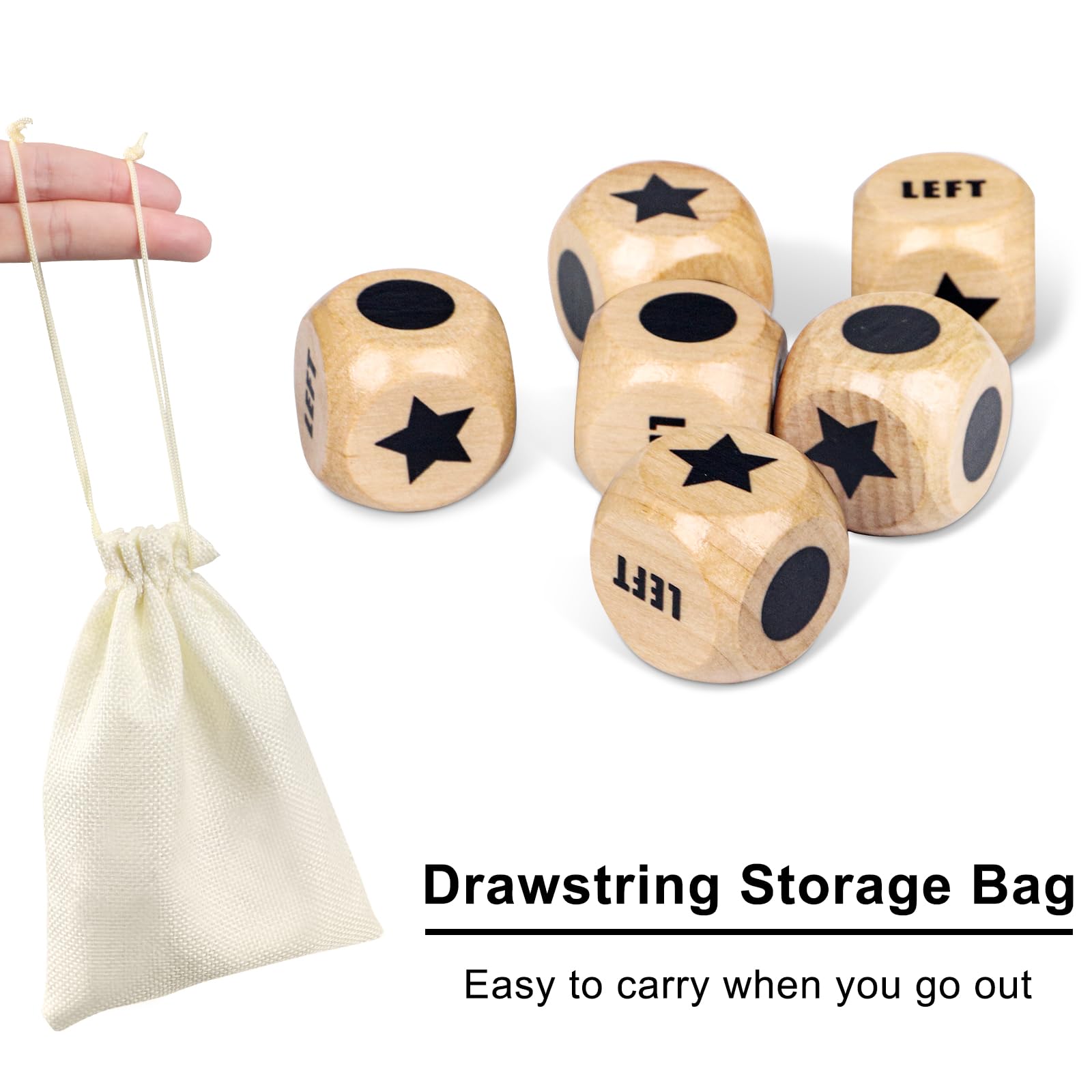 6Pcs Left Right Center Dice Game Set - 1.2 Inch Wooden LCR Dice with Carry Bag for Family Game Night, Camping, Travel & Parties (Indoor/Outdoor Use)