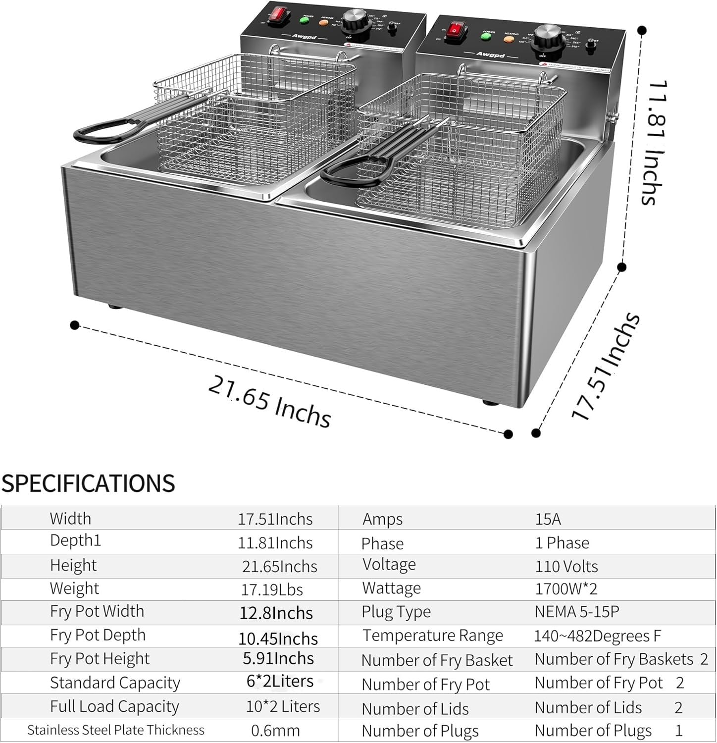 Commercial Stainless Steel Double Deep Fryer - 10L x 2 (21.3QT) Capacity with 2 Baskets - 3400W Electric Countertop Fryer for Restaurants, Food Trucks & Home Kitchens - Perfect for Frying Chicken, French Fries & Seafood (110V)