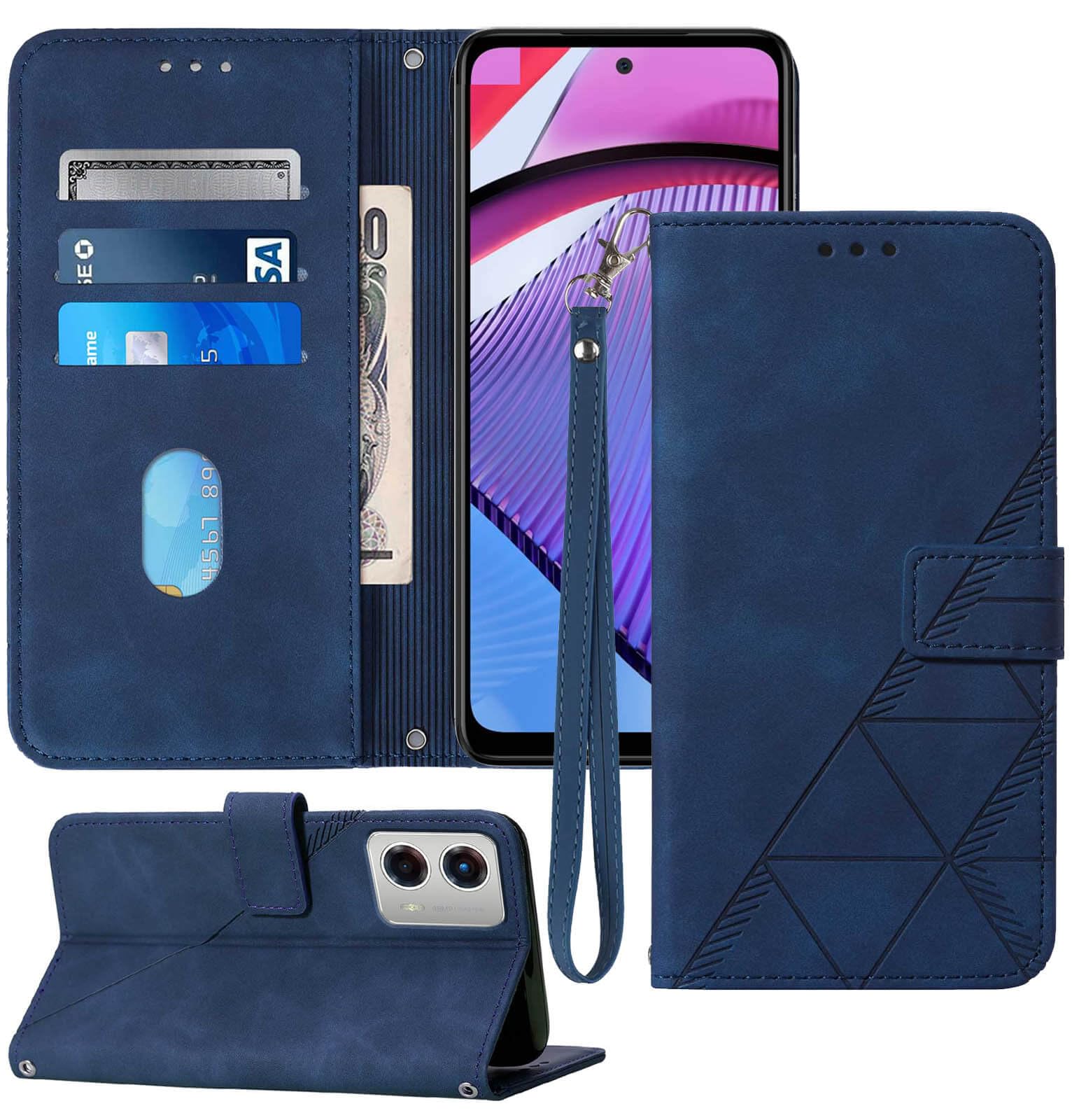 Premium Leather Wallet Case for Moto G 5G (2023) - Flip Cover with Card Slots, Wrist Strap & Kickstand | Shockproof Protective Phone Case | Perfect for Work, Travel & Daily Use (Blue)