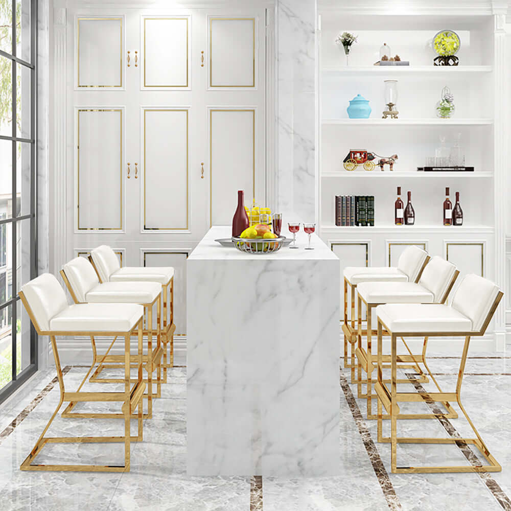 White PU Leather Bar Stool with Gold Legs & Footrest - Modern Counter Height Stool for Kitchen Island, Breakfast Bar & Home Decor