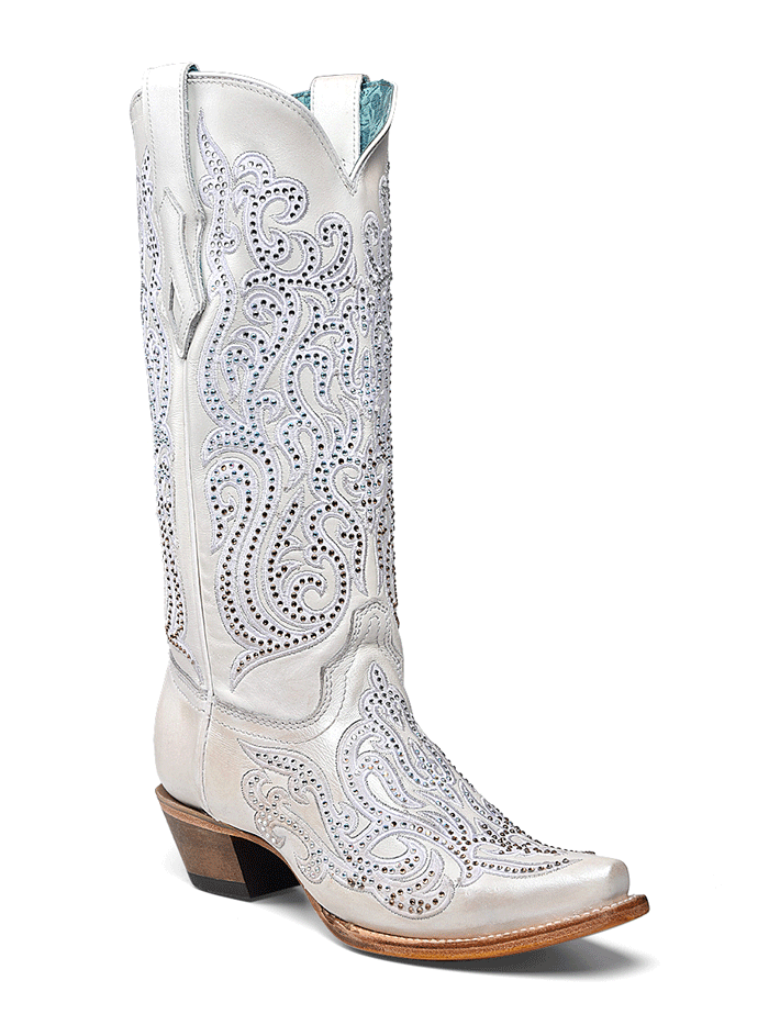 Corral C4103 Women's Western Boots with Embroidery & Crystal Overlay - White Cowgirl Boots for Rodeo, Country Dance & Casual Wear