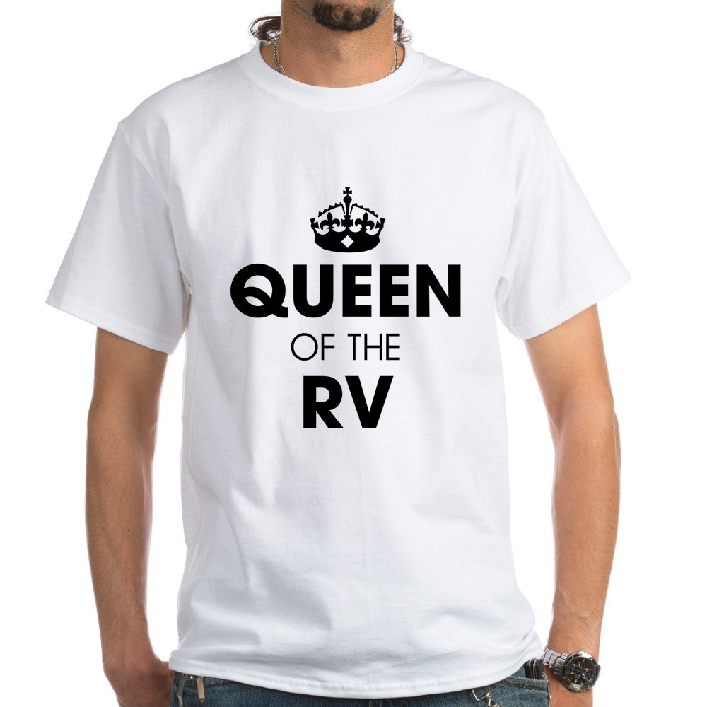 Queen of The RV White Cotton T-Shirt - Comfortable Women's Graphic Tee for RV Camping & Road Trips