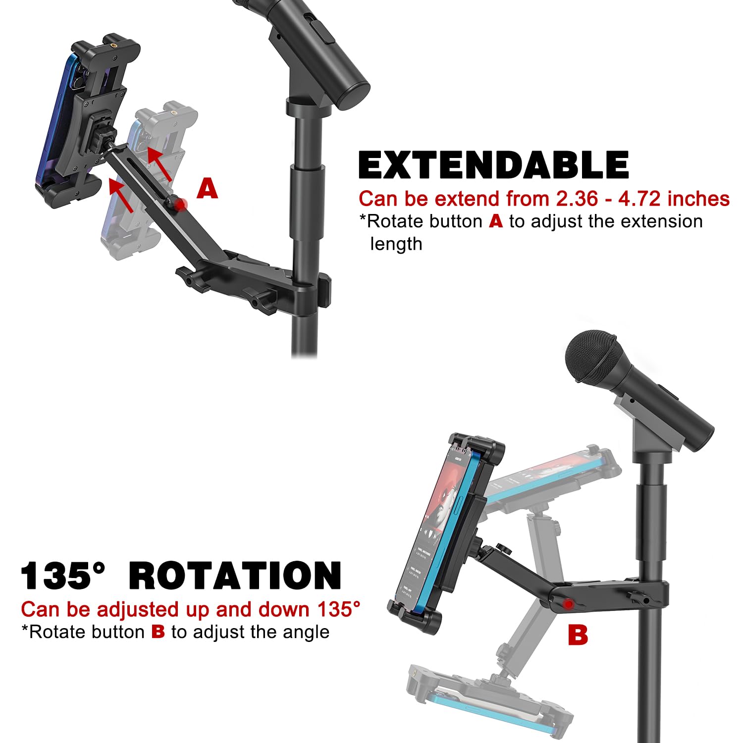 Universal Tablet Mount for Mic & Music Stands - Adjustable Phone & iPad Holder (iPad Pro/Air/Mini & All Smartphones 4.7-13.5 Inches) - Perfect for Musicians, Presenters & Online Teachers