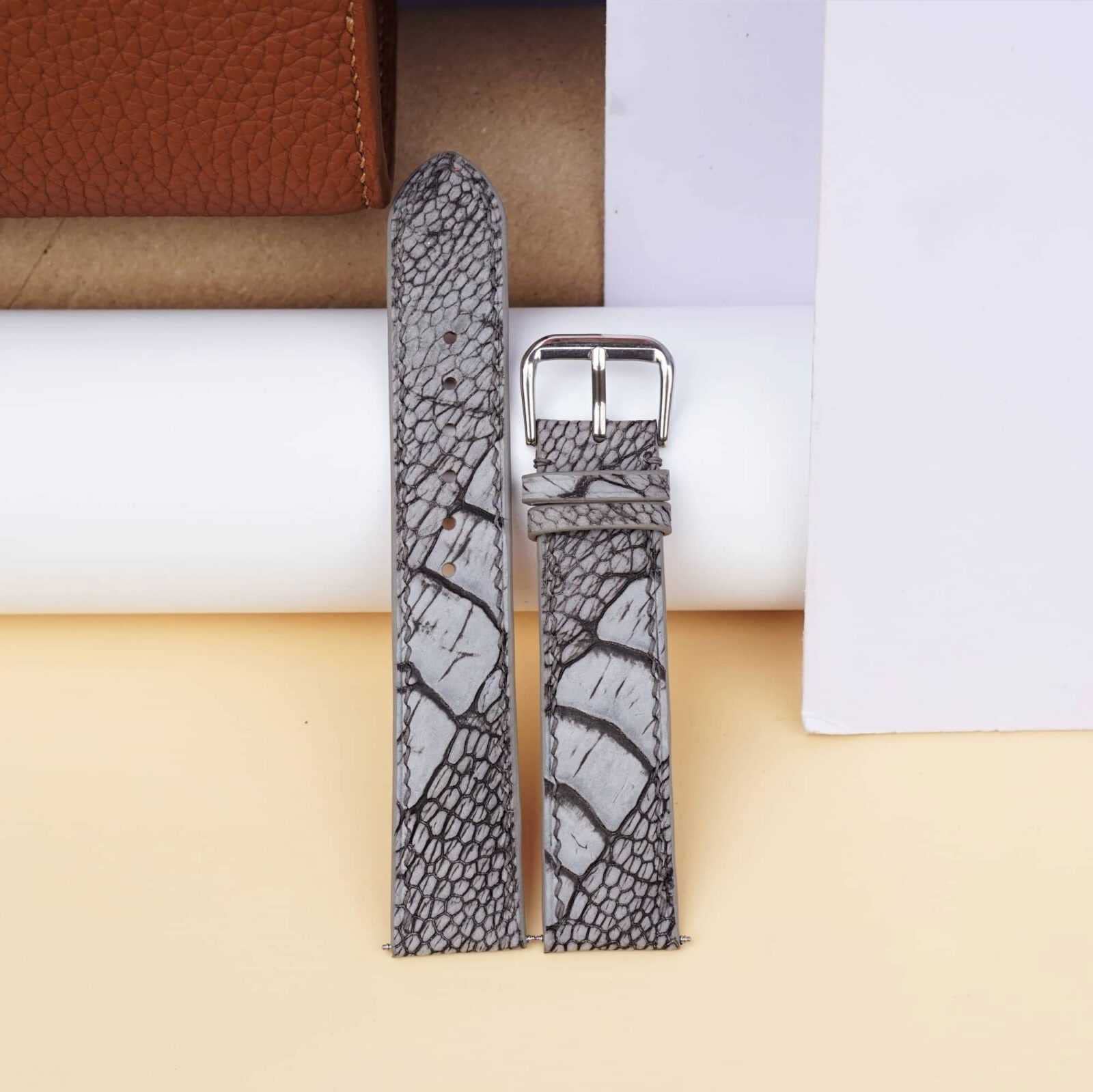 Premium 20mm Nubuck Ostrich Leather Watch Band with Steel Folding Clasp - Grey Ostrich Leg Watch Strap for Men & Women | Perfect for Dress Watches, Business Attire & Formal Occasions