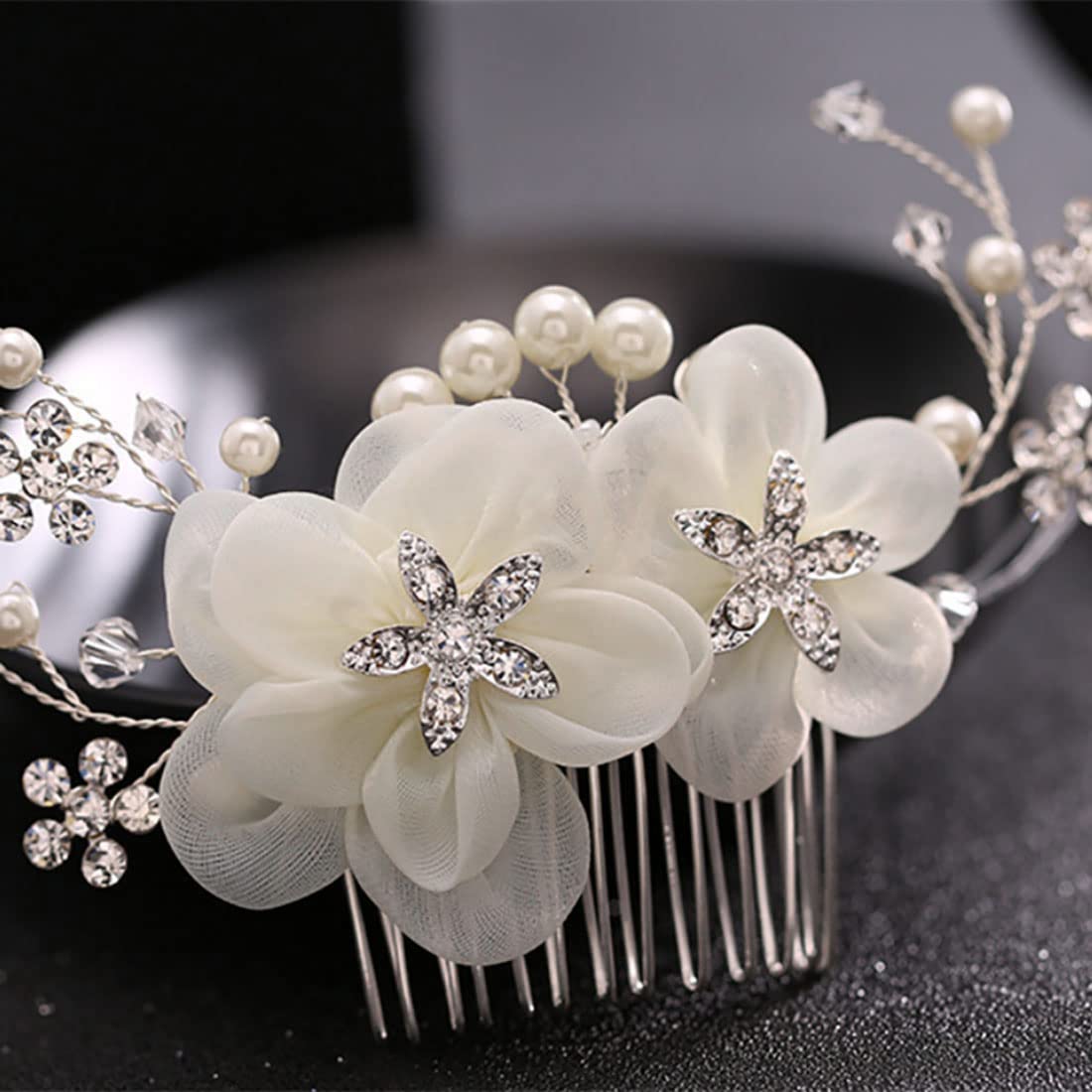 JUSTUSNX Silver Bridal Wedding Headpiece - Pearl Flower Hair Comb with Crystals for Women & Girls - Perfect for Weddings, Prom, and Formal Events