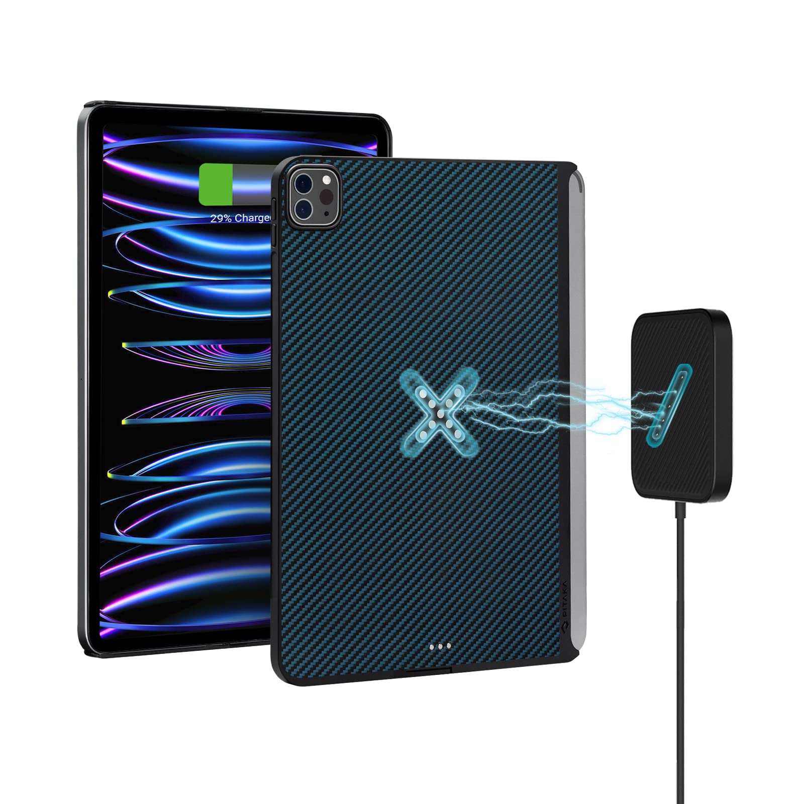 PITAKA Magnetic Wireless Charging Case for iPad Pro 12.9 (2021/2022) - 1500D Aramid Fiber Protective Cover, Magic Keyboard & Apple Pencil 2 Compatible | Perfect for Work, Travel & Home Use - Black/Blue