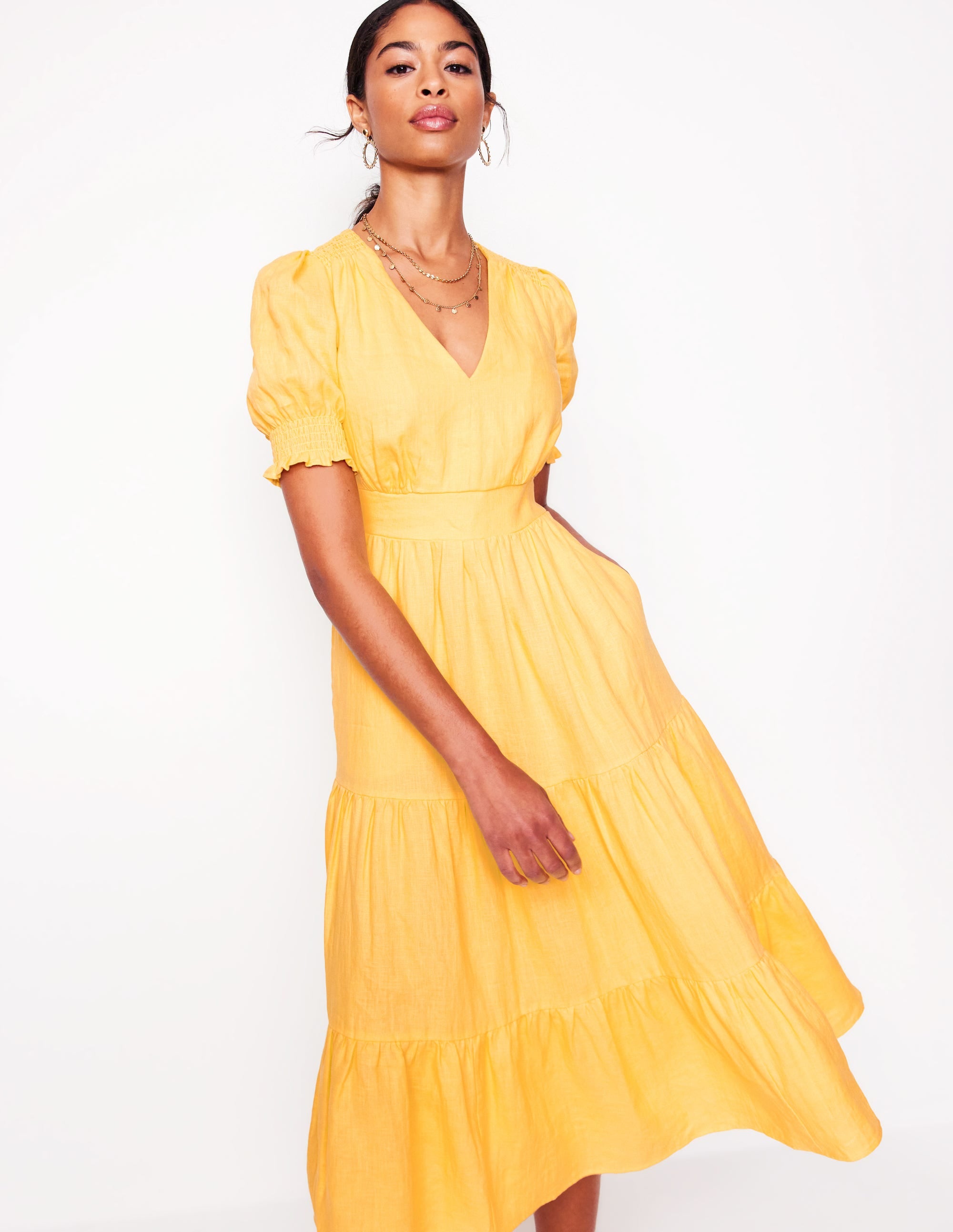 Anna Linen Tiered Midi Dress in Buttermilk Yellow - Perfect for Summer Outings, Beach Vacations & Casual Date Nights