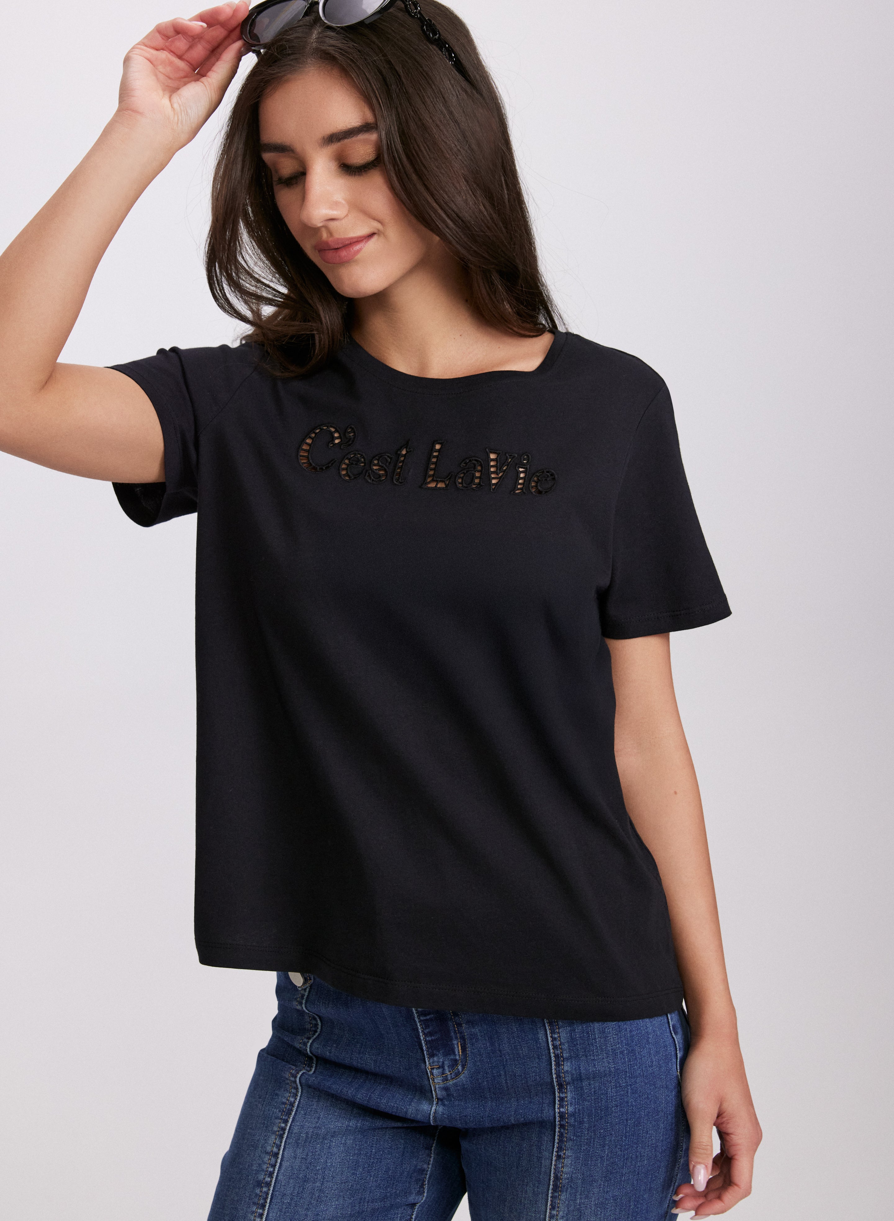 Cut Out Script T-Shirt for Women - Trendy Graphic Tee with Stylish Lettering - Perfect for Casual Wear, Outings & Everyday Fashion