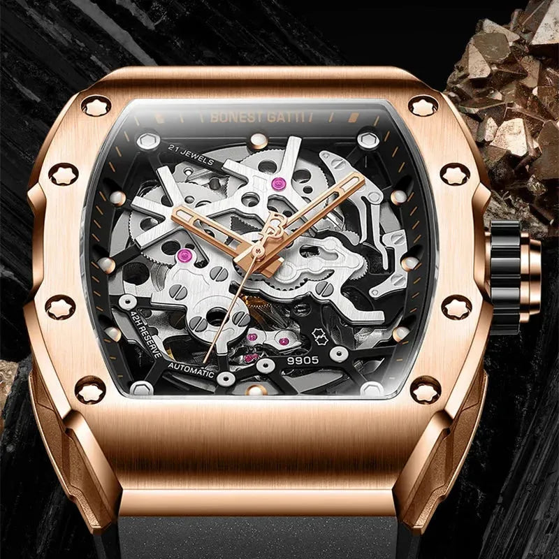 BONEST GATTI Phantom Series Skeleton Automatic Watch for Men - Luxury Mechanical Waterproof Wristwatch with Transparent Dial - Perfect for Business, Formal Events & Gift Giving
