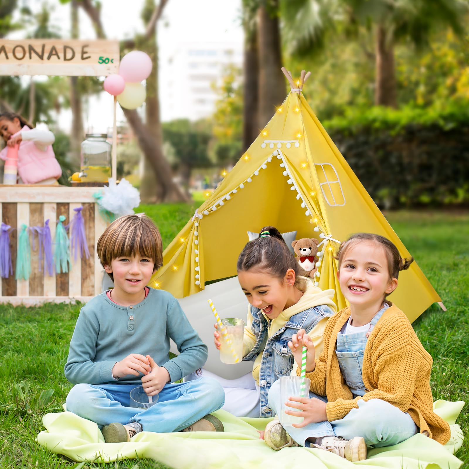 4 Pack Kids Teepee Tent with LED Lights & Inflatable Air Mattress - Play Tents for Boys & Girls, Includes Free Air Pump, Washable for Indoor/Outdoor Use - Perfect for Slumber Parties, Birthday Gifts & Backyard Camping (Yellow)