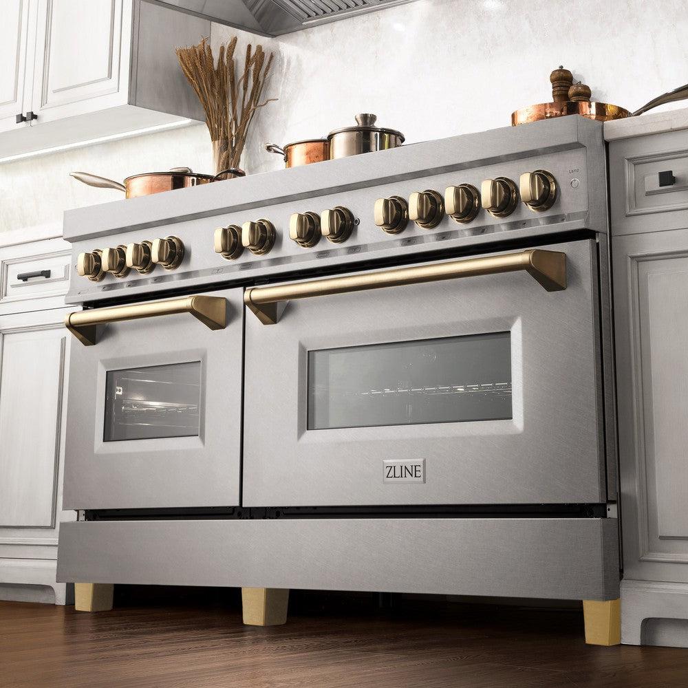 ZLINE Autograph Edition 60-inch 7.4 cu. ft. Dual Fuel Range - 9 Burner Gas Cooktop & 2 Electric Convection Ovens - Satin Stainless Steel with Polished Gold Accents (RASZ SN 60 G) - Perfect for Professional Chefs & Luxury Home Kitchens