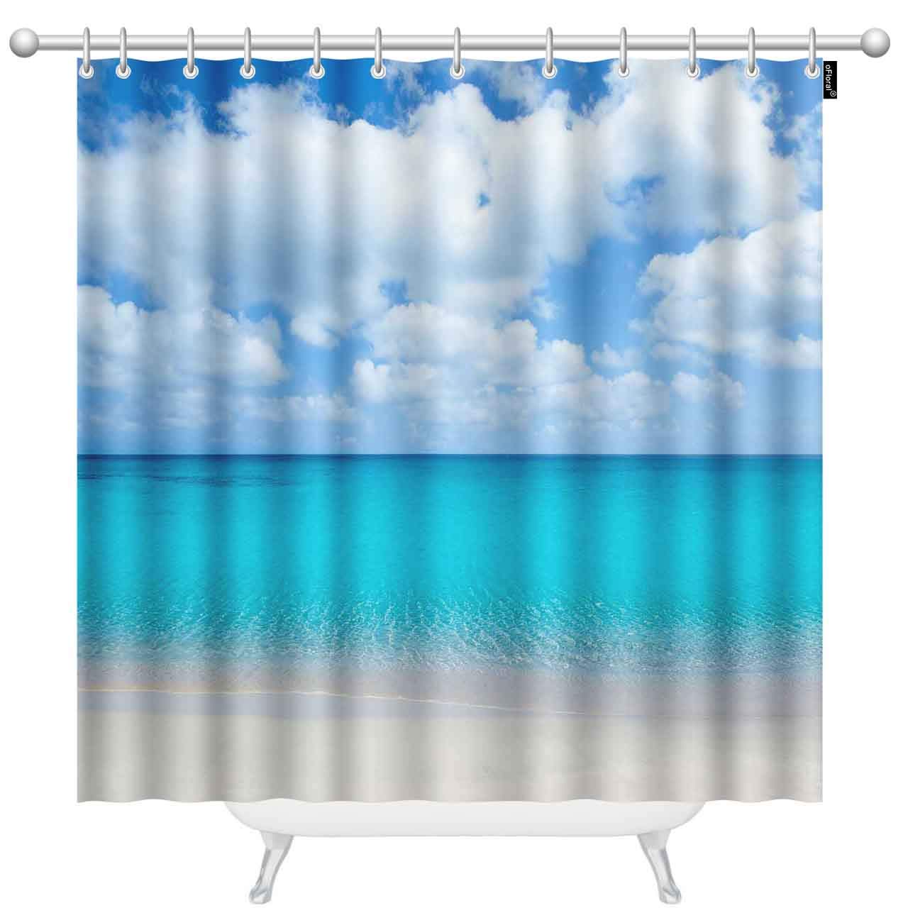 Tropical Beach Shower Curtain Set with 12 Hooks - Sky & Sea Blue Coastal Bathroom Decor - 72 x 78 Inch Waterproof Bath Curtain for Beach House, Vacation Rental or Coastal Themed Bathroom