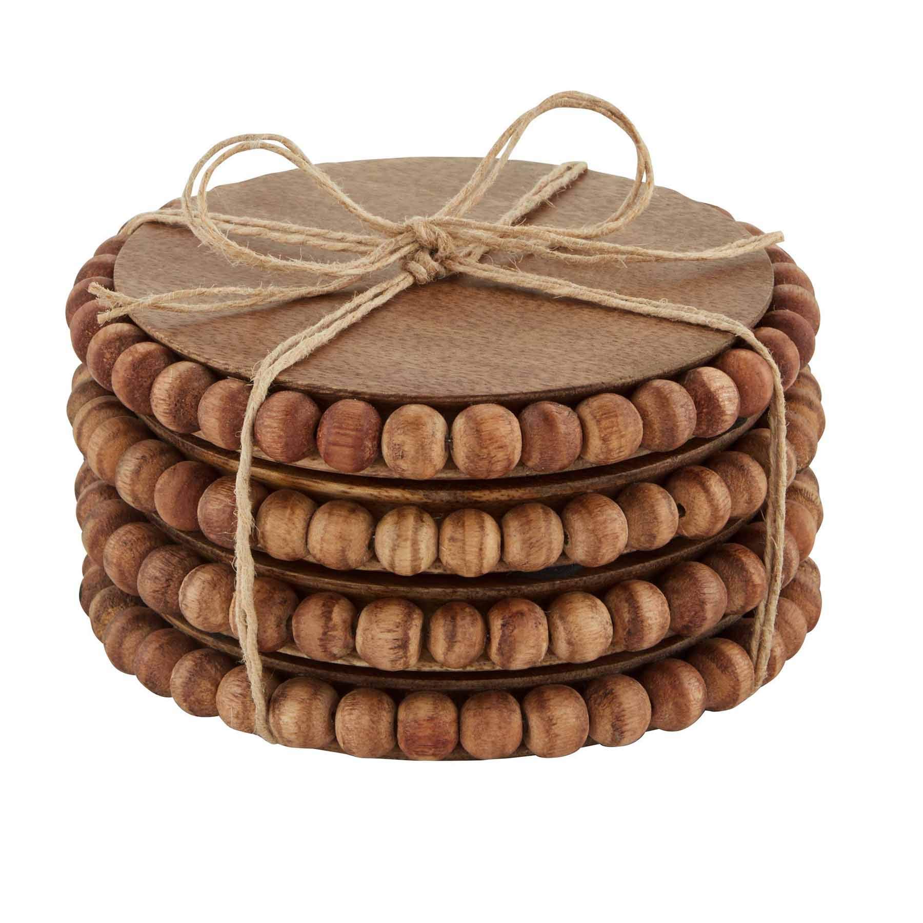 Mud Pie Beaded Wood Coaster Set of 4 - Handmade Wooden Drink Coasters for Coffee Table, Bar, and Home Decor - Perfect for Protecting Surfaces from Water Rings and Stains