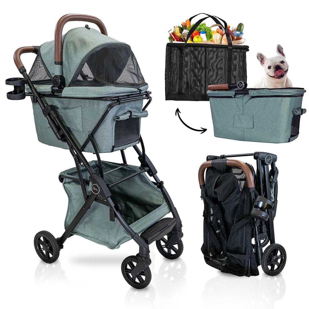 Premium Pet Stroller & Folding Shopping Cart - Lightweight Aluminum Frame with Removable Bassinet & Storage - Ideal for Small to Medium Dogs & Cats (Sage) | Perfect for Park Walks, Shopping Trips & Vet Visits