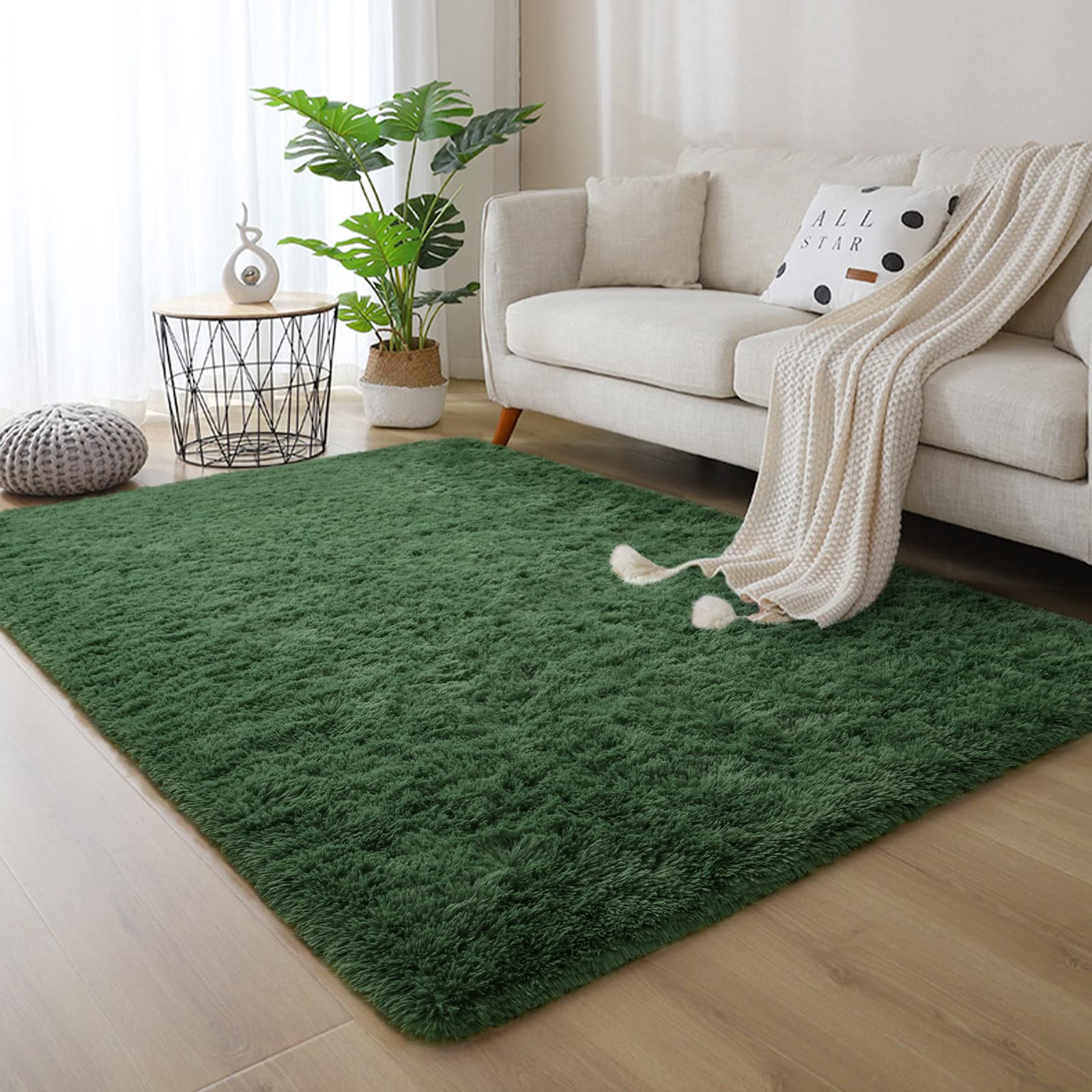 DweIke Fluffy Dark Green Shaggy Area Rug - 4x6 Feet Soft Plush Carpet for Bedroom, Living Room, Nursery | Non-Slip Washable Floor Mat for Kids, Boys & Girls | Perfect for Cozy Home Decor, Playroom & Baby Room