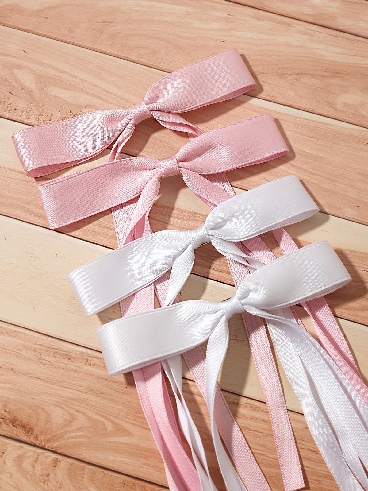 4pcs Tassel Ribbon Bowknot Hair Clips with Long Tails - Solid Claw Barrettes with Bows for Women & Girls Hair Accessories (Pink, White) - Perfect for Parties, Weddings & Daily Styling