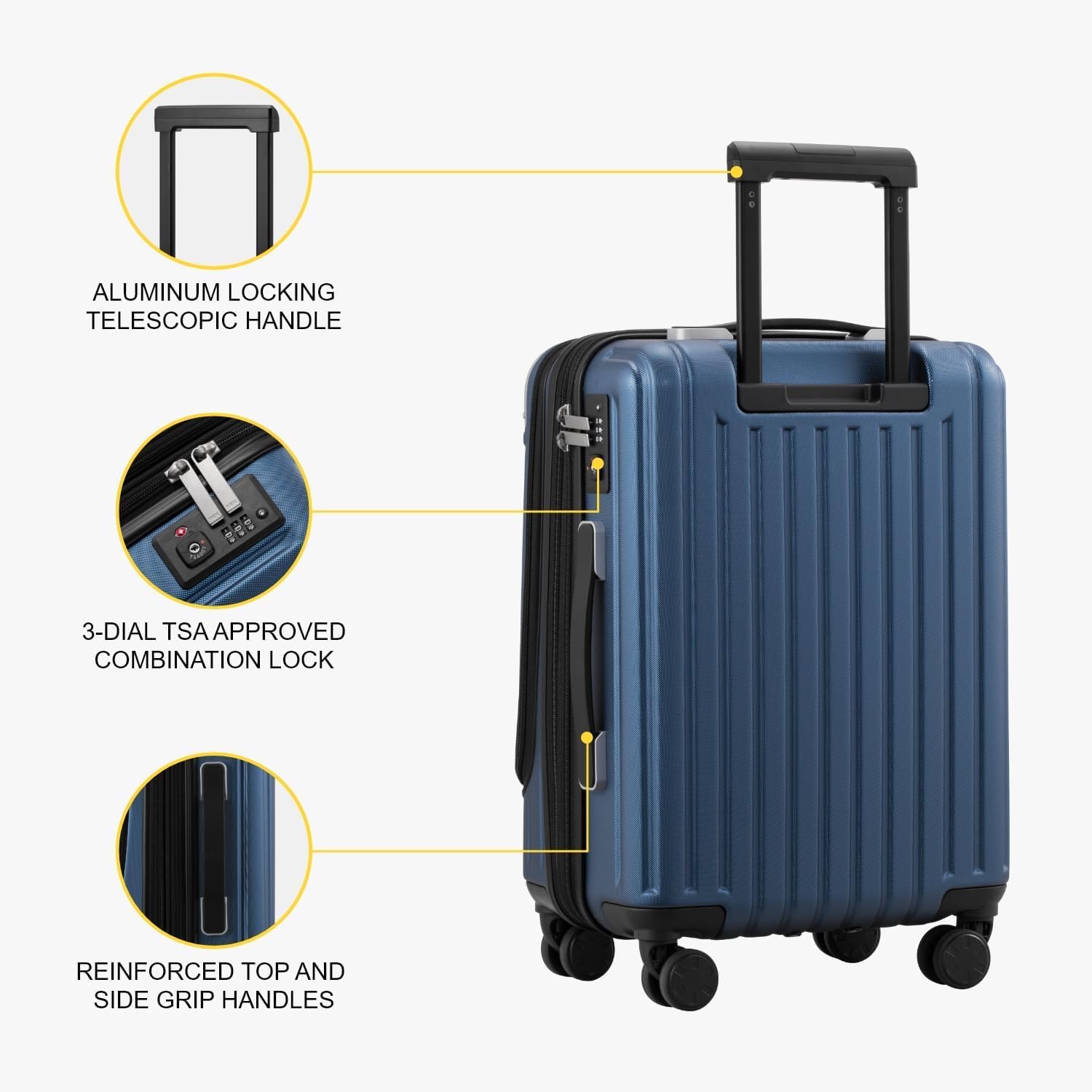 LEVEL8 Grace 20 Inch Expandable Hardside Carry On Luggage - Airline Approved ABS+PC Suitcase with 360° Spinner Wheels & TSA Lock - Lightweight Blue Cabin Bag for Business Travel & Weekend Getaways