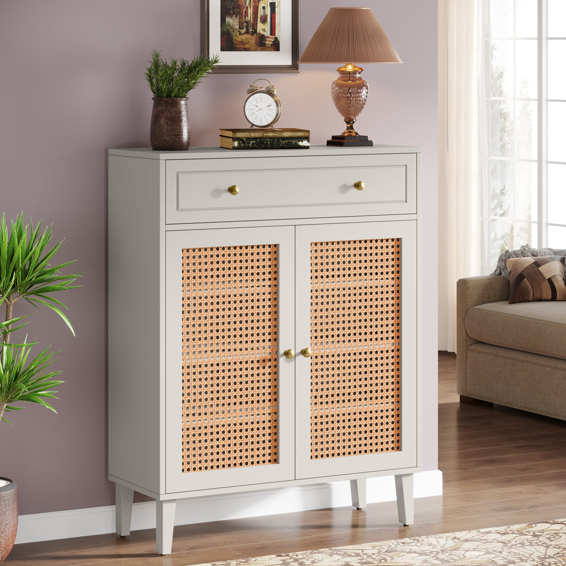 Solid Wood Storage Cabinet Sideboard with Adjustable Shelves & Drawer - Modern Farmhouse Furniture for Dining Room, Living Room, or Entryway Organization