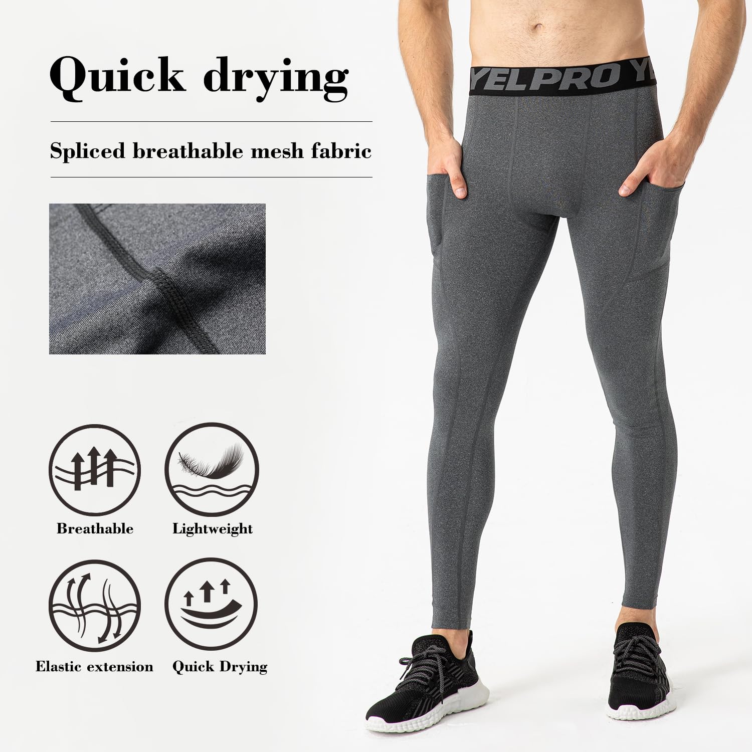 Yuerlian Men's Compression Pants with Pockets - Athletic Leggings for Running, Cycling & Workouts (1-3 Pack) | Moisture-Wicking Baselayer Tights for Gym, Training & Outdoor Sports