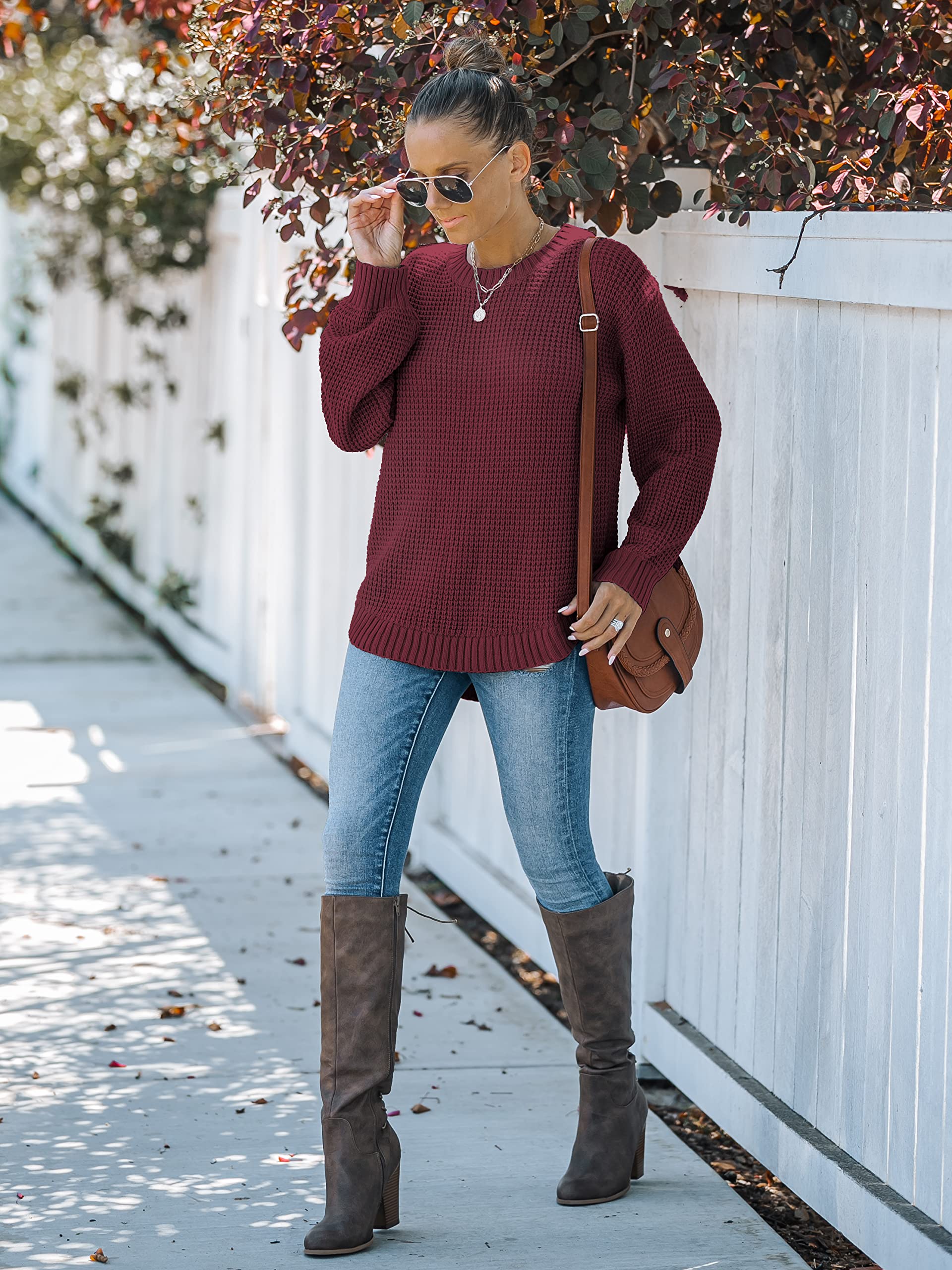 MEROKEETY Women's 2024 Fall Casual Waffle Knit Sweater - Long Balloon Sleeve Loose Pullover Jumper - Cozy Autumn Outfit for Work, Date & Weekend Wear