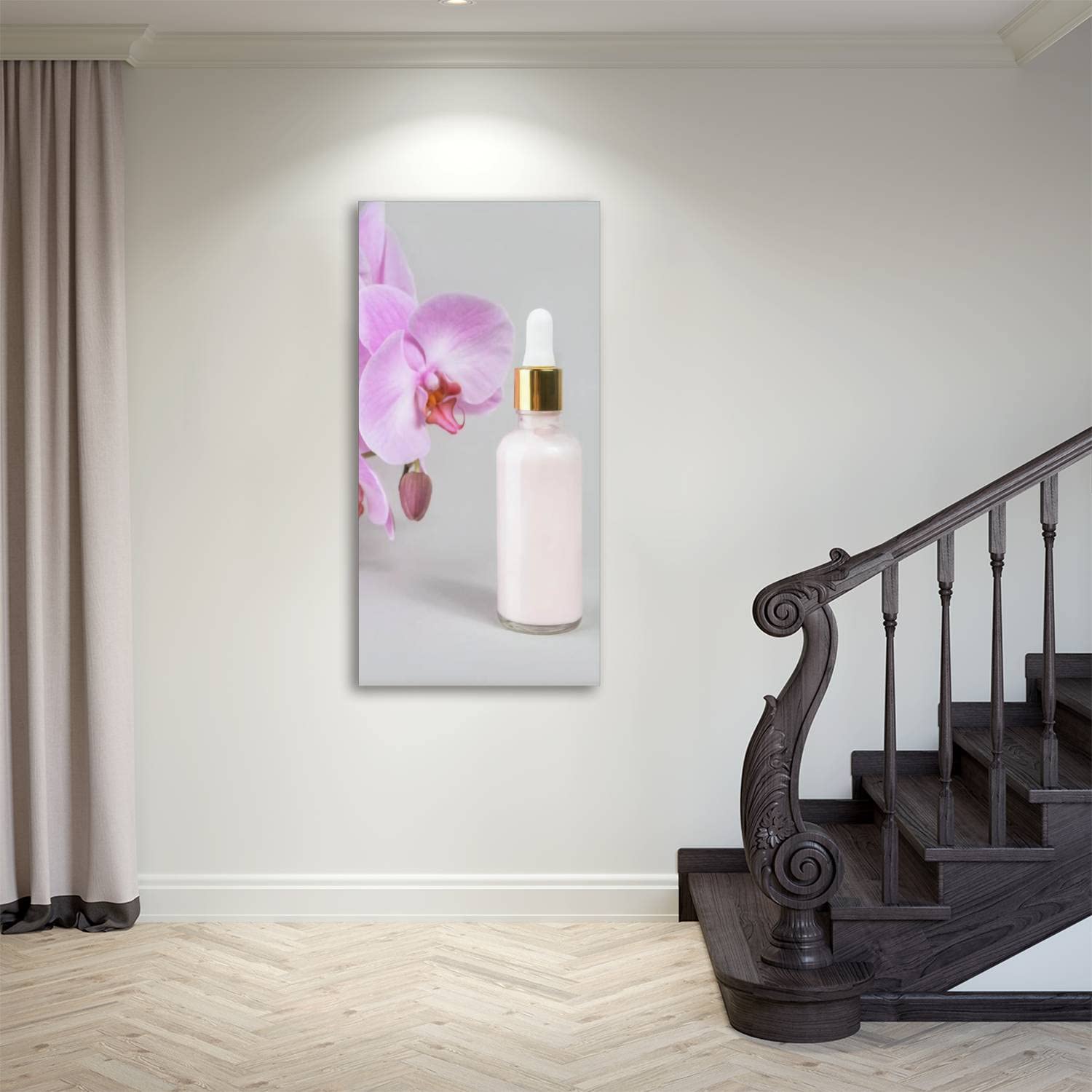 Anti-Aging Collagen Facial Serum in Glass Bottle with Pink Canvas Wall Art - 20x40 Inch Large Poster Prints for Living Room, Bedroom & Office Decor | Skincare & Home Styling Combo