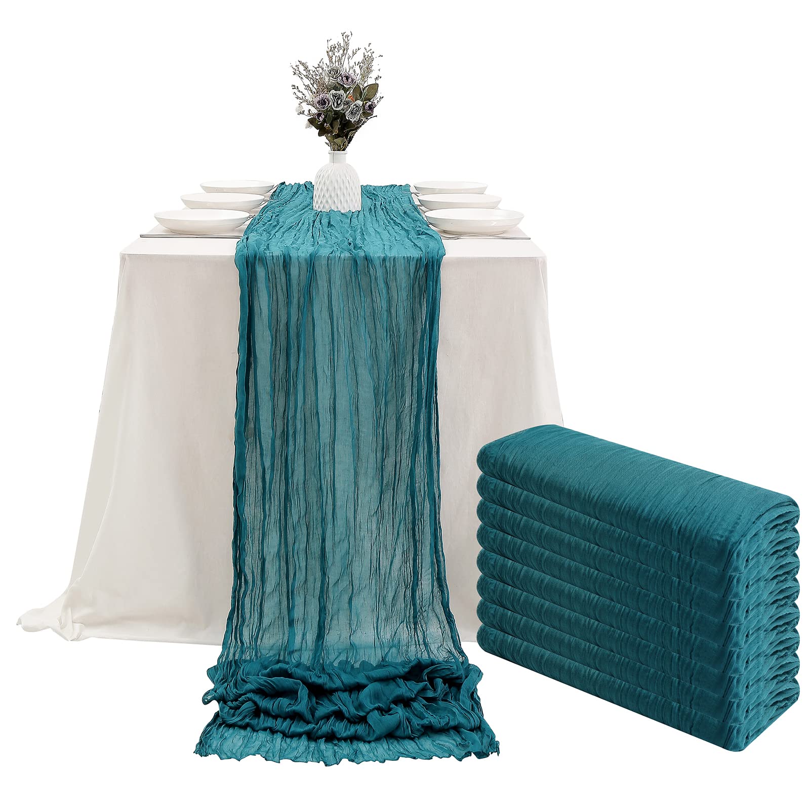 8PCS Teal Cheesecloth Table Runner Set - 13.3ft Boho Gauze Fabric, Rustic Sheer Table Decor (160 Inches Long) for Wedding, Bridal Shower, Baby Shower, Birthday Party, Cake Table & Home Decorations
