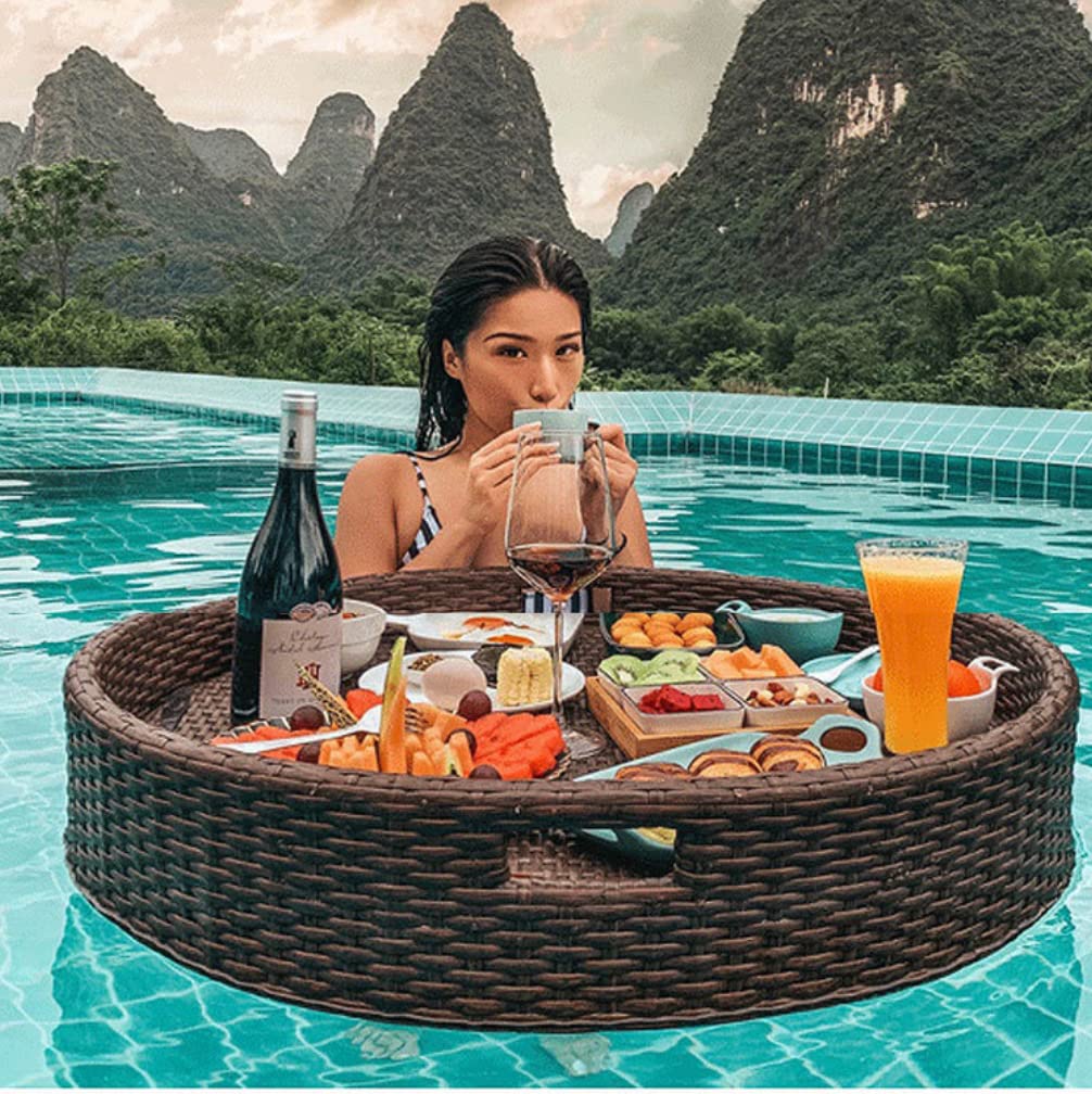 Round Rattan Woven Serving Tray with Handles - Floating Breakfast Tray for Pool, Beach, Spa & Parties - Perfect for Serving Drinks, Snacks & Decor - Ideal for Adults by the Pool, on Sandbars or at Home