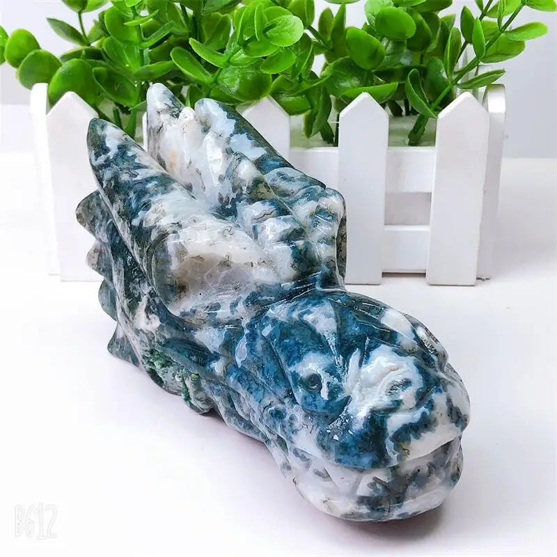 14CM Natural Moss Agate Dragon Skull Crystal Carving - Healing Stone, Fashion Jewelry & Home Decor - Unique Birthday & Holiday Gift for Collectors, Meditation & Gothic Decor (1 Piece)