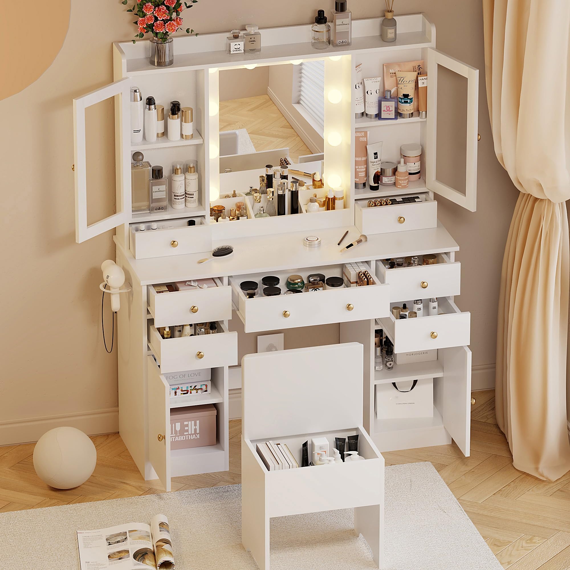 Vanity Desk with Mirror and LED Lights - White Makeup Vanity Set with Adjustable 3-Color Lighting, Built-in Charging Station & Matching Chair - Perfect for Women's Bedroom, Dressing Room or Beauty Salon