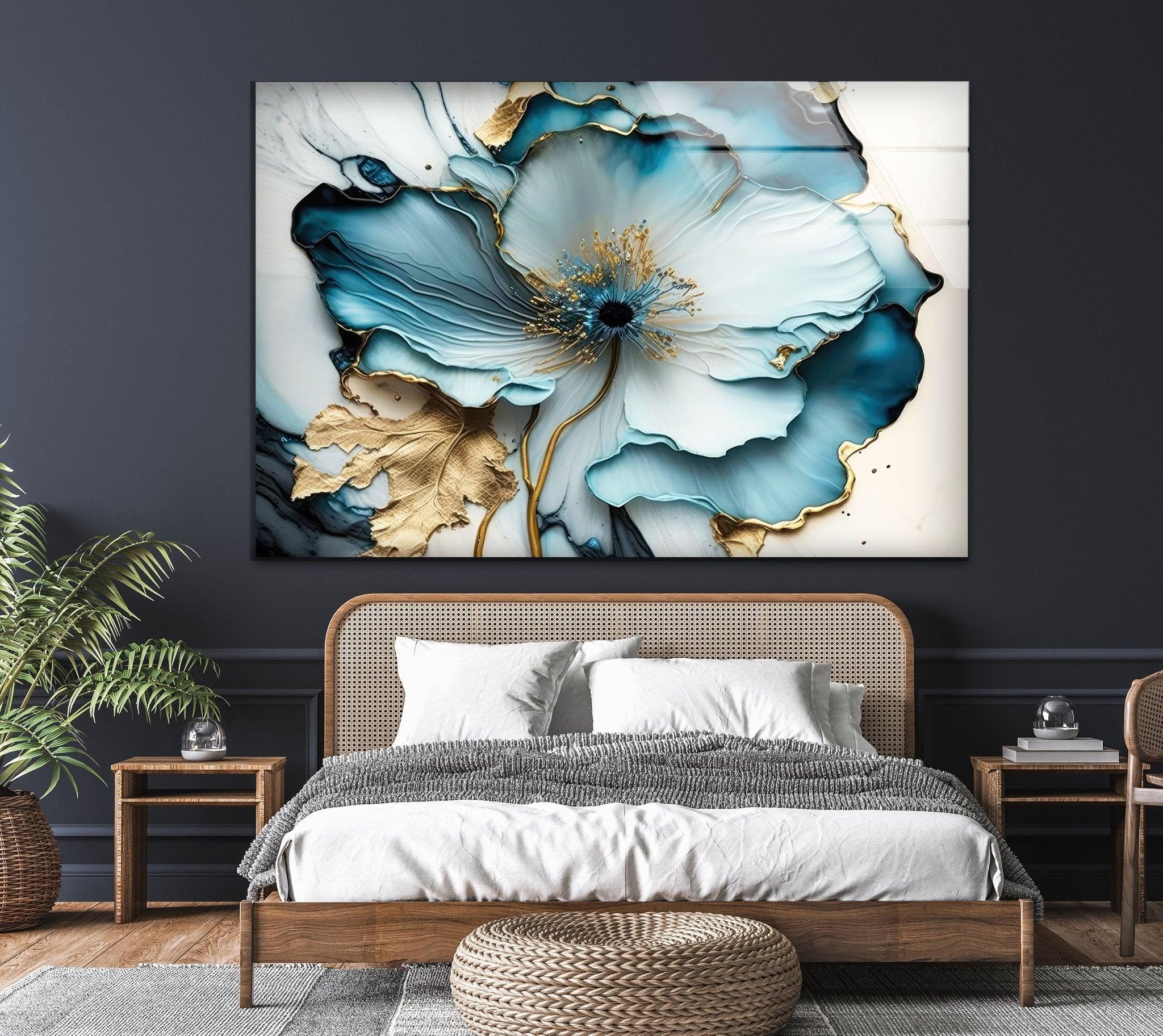 Abstract Blue Flower Glass Wall Art - Modern Handmade Decor for Living Room, Bedroom, Office - Elegant Home & Gift Idea for Housewarming, Wedding, Anniversary