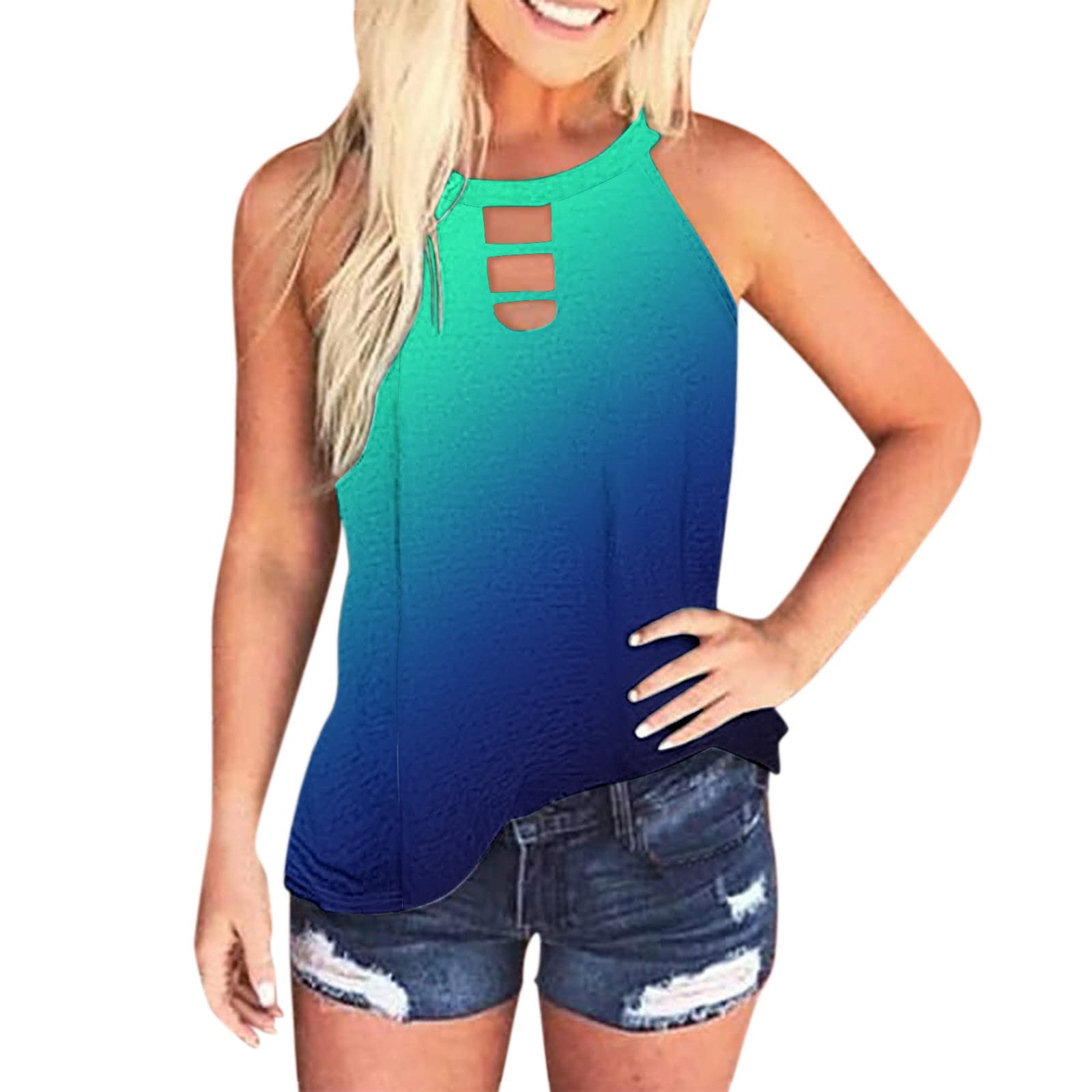 Women's Summer Casual Beach Shirt - Sleeveless Halter Cut Out Hollow Cami Tank Top Fashion Beige | Perfect for Vacation, Pool Party & Summer Outfits