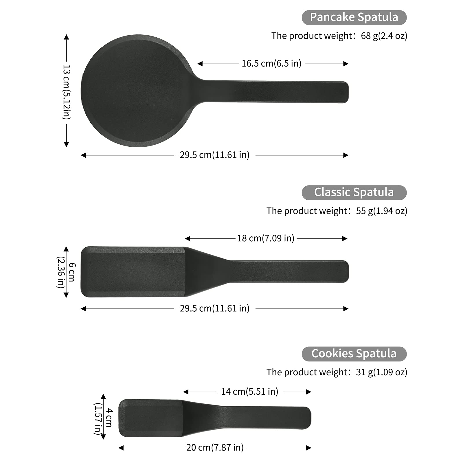 3-Pack Black Nylon Kitchen Spatula Set - Heat Resistant, BPA-Free Non-Stick Cooking Utensils for Pancakes, Vegetables & Cookies - Perfect for Flipping, Stirring & Serving (Big/Middle/Mini Sizes)