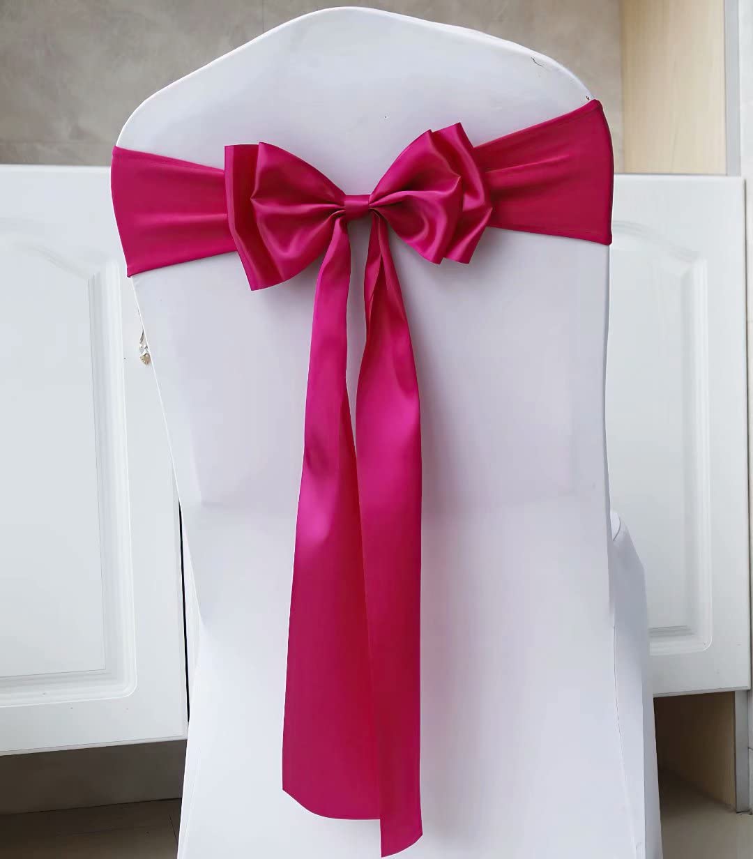100Pcs Stretch Chair Sashes with Double Bows - Spandex Chair Cover Bands for Wedding, Party, Birthday Banquet Decor - Rose Red Chair Decoration for Christmas & Special Events - Perfect for Indoor & Outdoor Celebrations