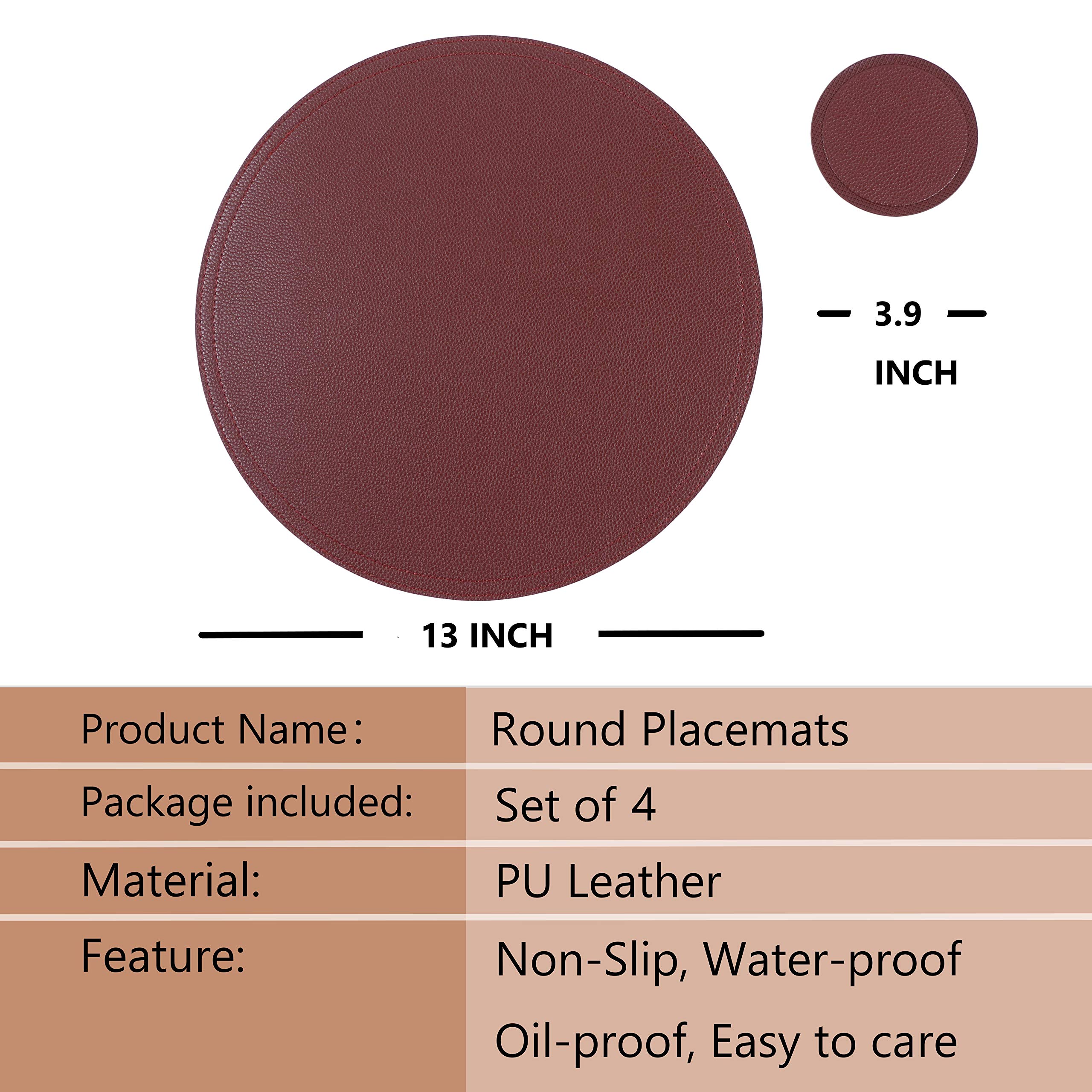 Premium Faux Leather Round Placemats and Coasters Set - Waterproof & Easy Clean Kitchen Table Mats for Dining Table, Coffee Table, Home Decor - Perfect for Everyday Use, Dinner Parties & Holiday Gatherings