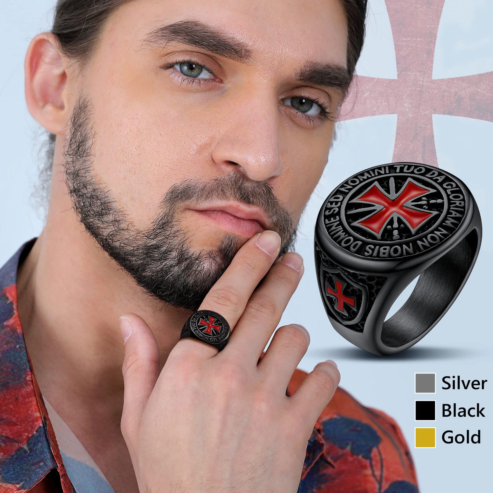 FaithHeart Templar Rings for Men, Stainless Steel Crusader Cross Biker Ring - Perfect for Gifts & Medieval Style Lovers