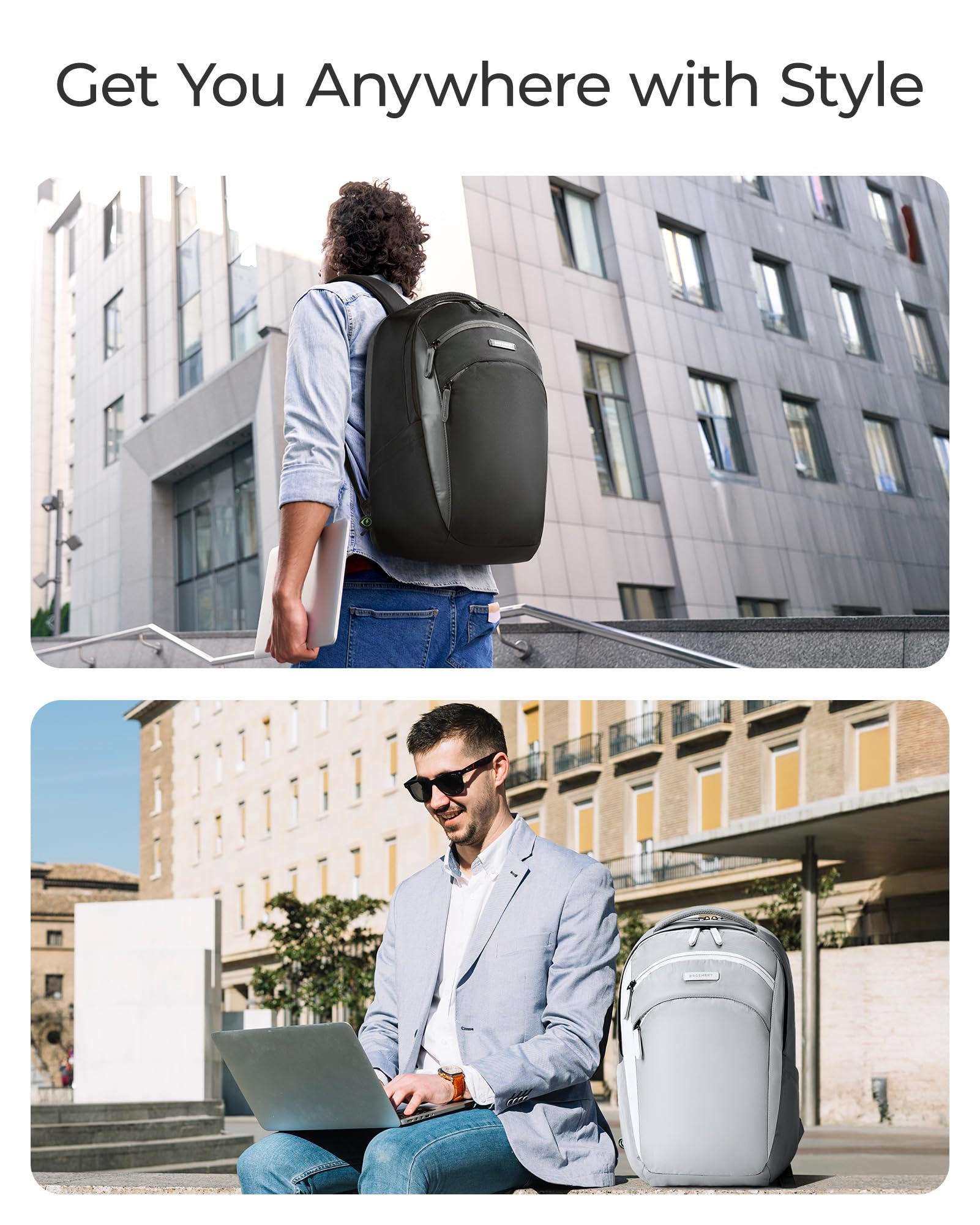 BAGSMART 15.6 Inch Laptop Backpack for Men - Waterproof Business Backpack with USB Charging Port & Retractable Cable - Durable College Computer Backpack for Work, Travel & School (Black)