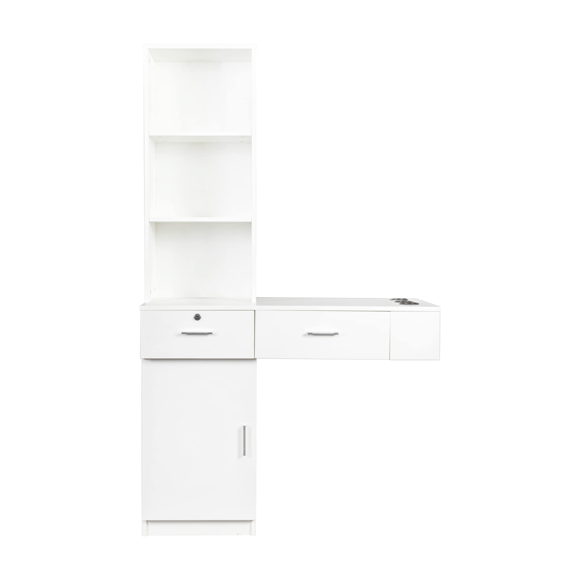 Wall Mount Salon Storage Organizer - 3 Compartments, 2 Drawers & 1 Bottom Cabinet for Hair Stylist Tools & Barber Equipment (White) | Perfect for Beauty Salons, Barber Shops & Home Styling Stations