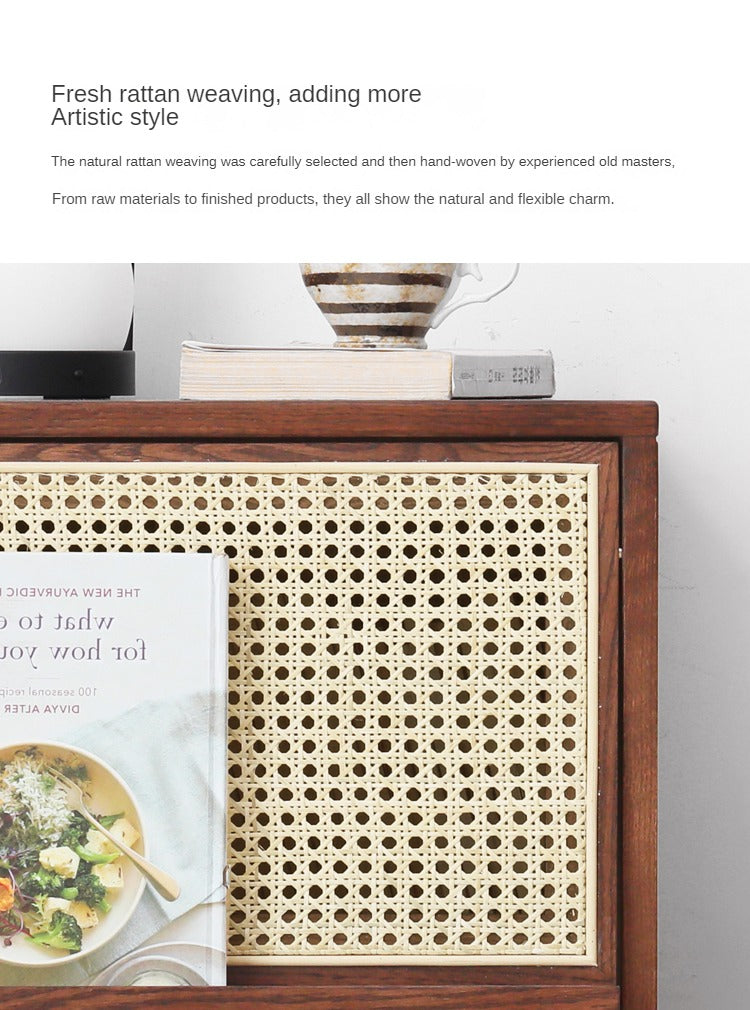 Solid Oak Wood Rattan Magazine Storage Cabinet - Stylish Organizer for Living Room, Bedroom, or Office Décor