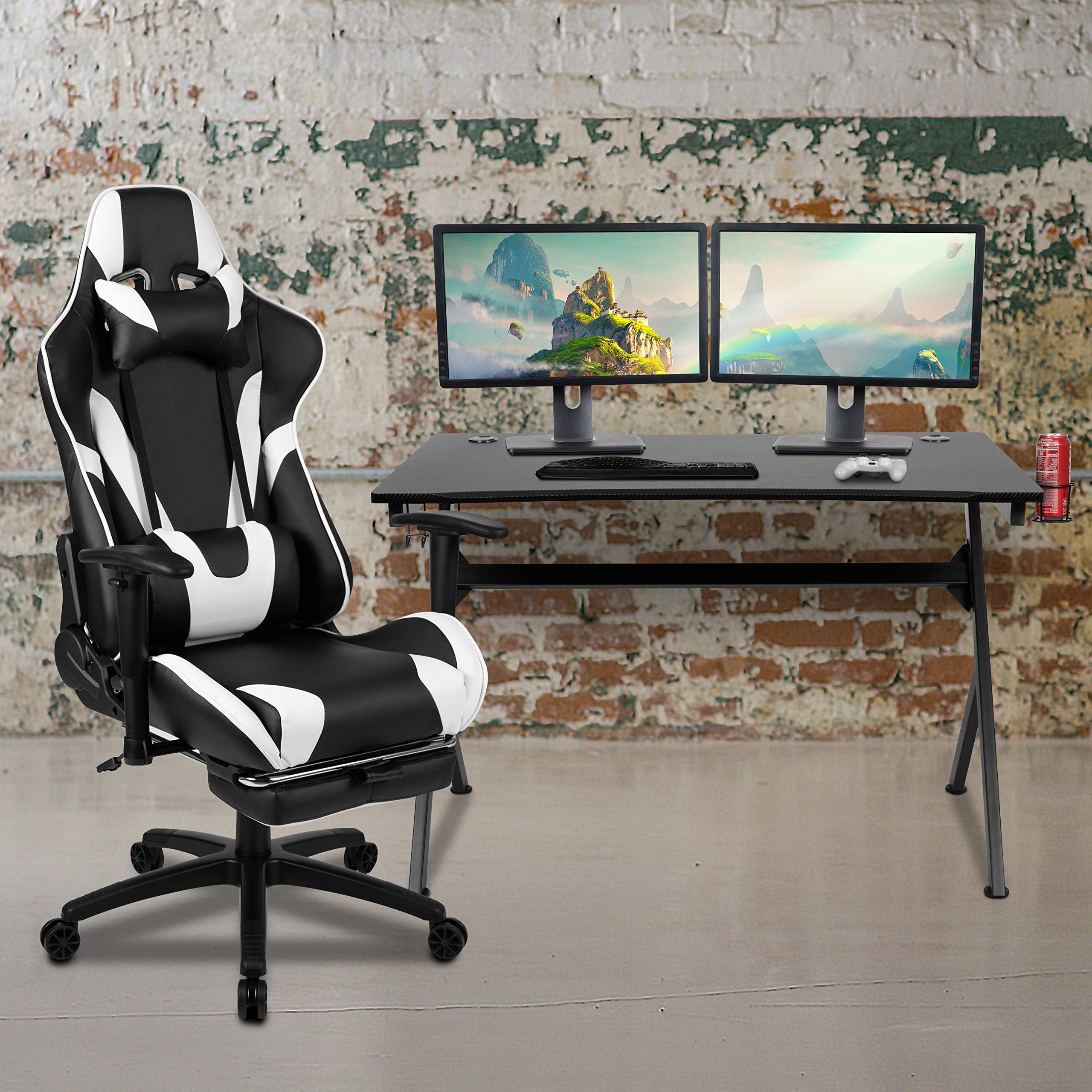 Flash Furniture Optis Black Gaming Desk & Reclining Gaming Chair Set with Cup Holder, Headrest, 2 Cable Management Holes - Perfect for PC Gaming, Streaming & Home Office Setup
