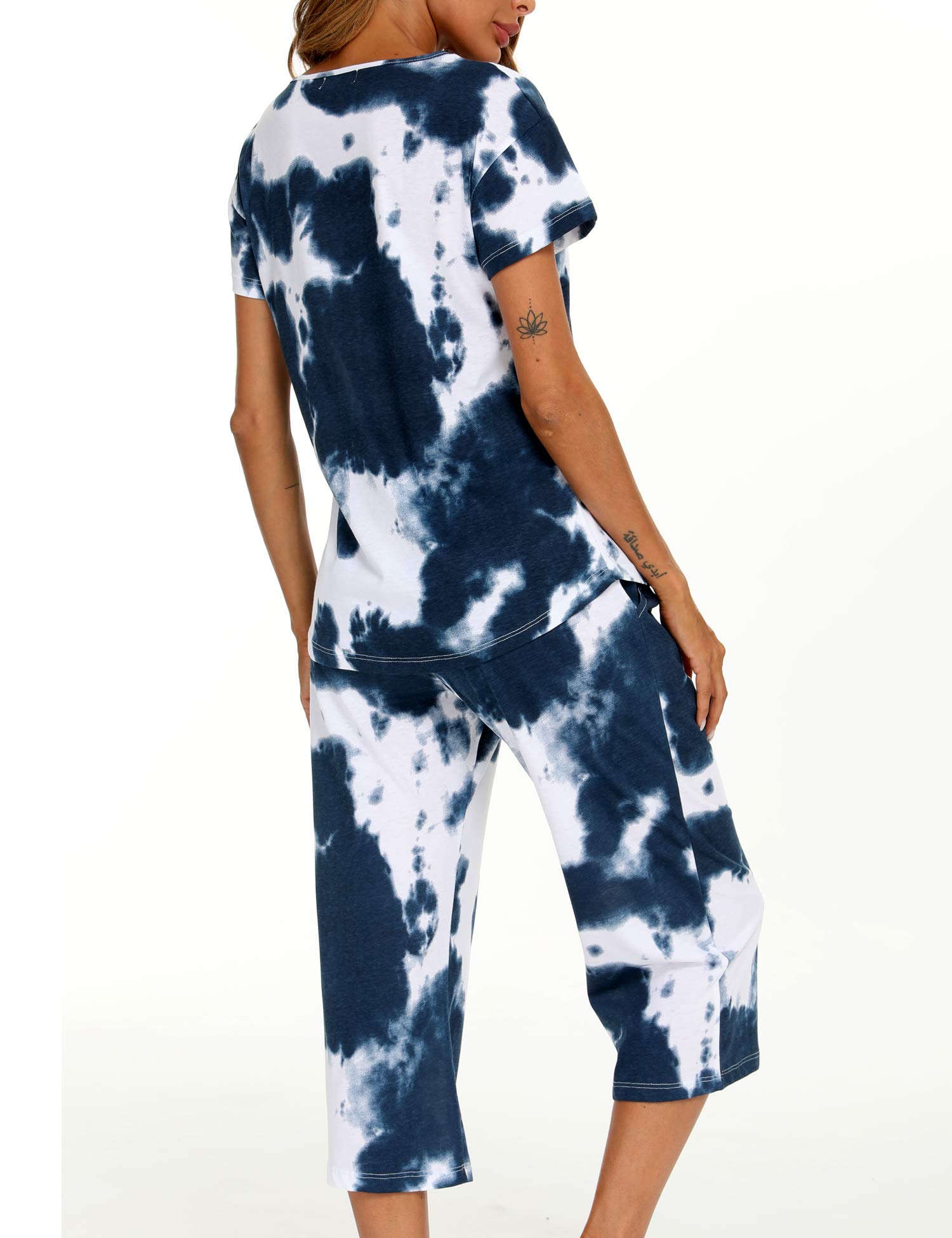 ENJOYNIGHT Women's Cotton Pajama Set - Soft Short Sleeve Top & Cropped Pants Lounge Wear for Sleep, Relaxation & Home Comfort