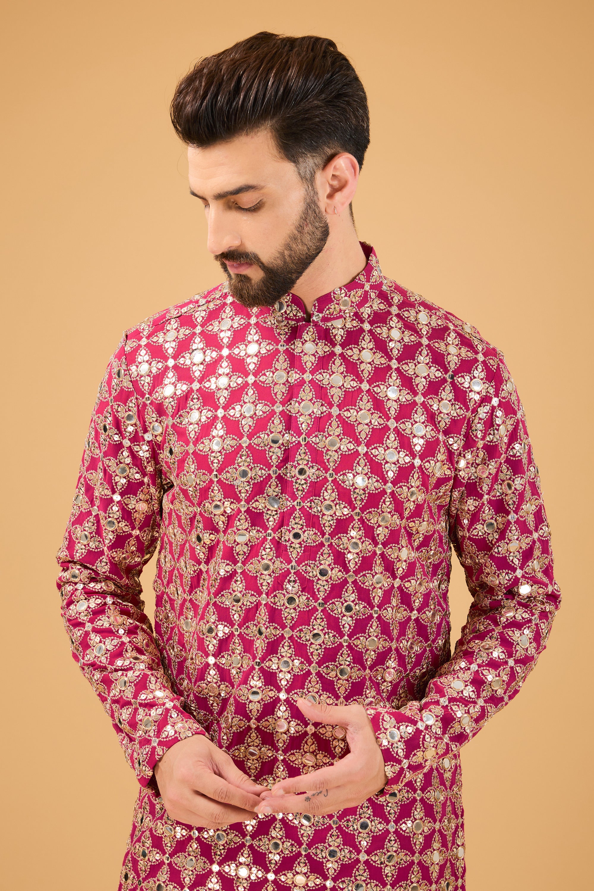 Elegant Hot Pink Mirror Work Kurta with Intricate Golden Zari Embroidery - Perfect for Festivals, Weddings & Ethnic Parties