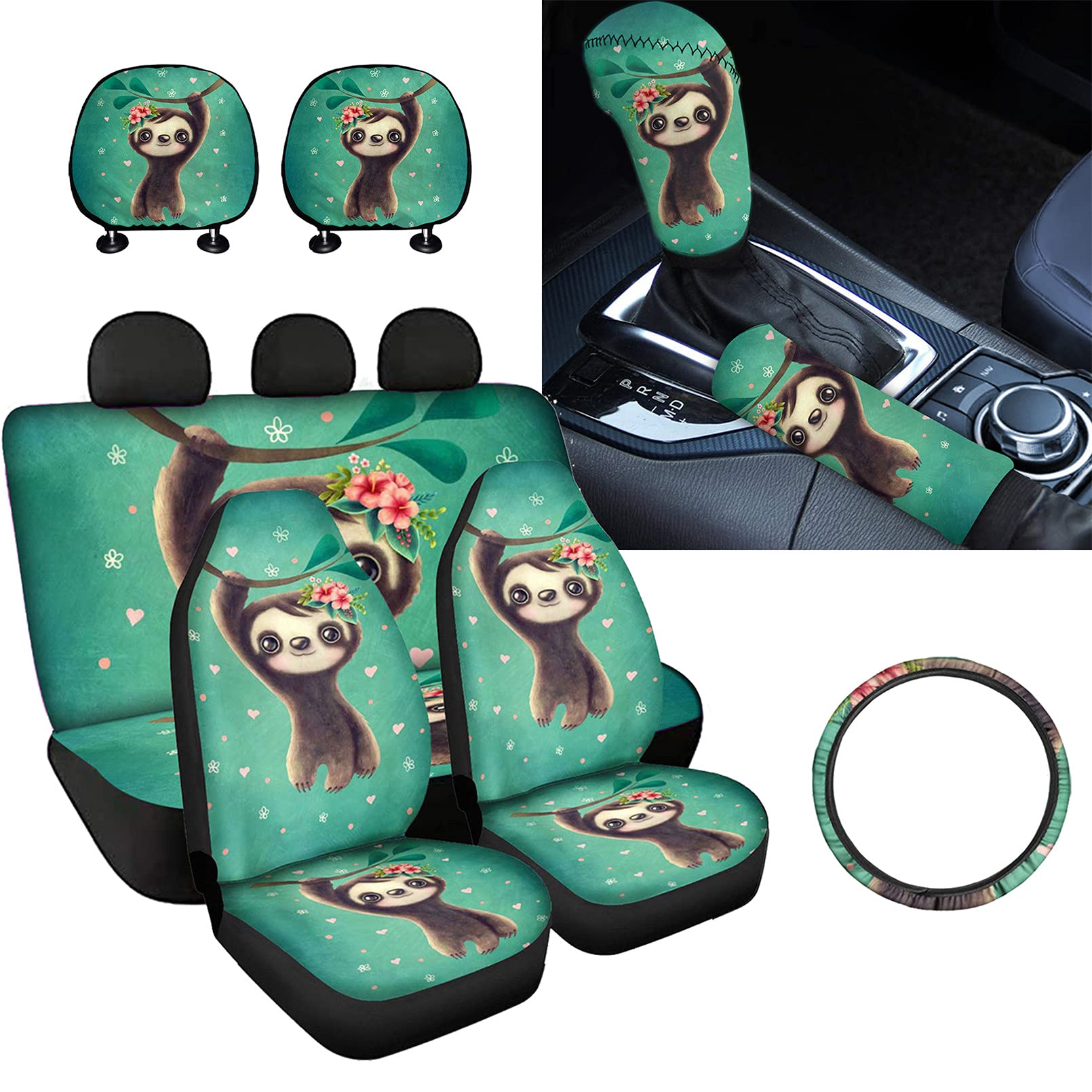 9-Piece Baby Sloth Print Car Accessories Set - Front & Rear Seat Covers, Steering Wheel Cover, Headrest Covers, Gear Shift & Handbrake Covers (Turquoise) | Easy Installation for Cars, SUVs & Trucks | Perfect for Family Road Trips & Pet Protection