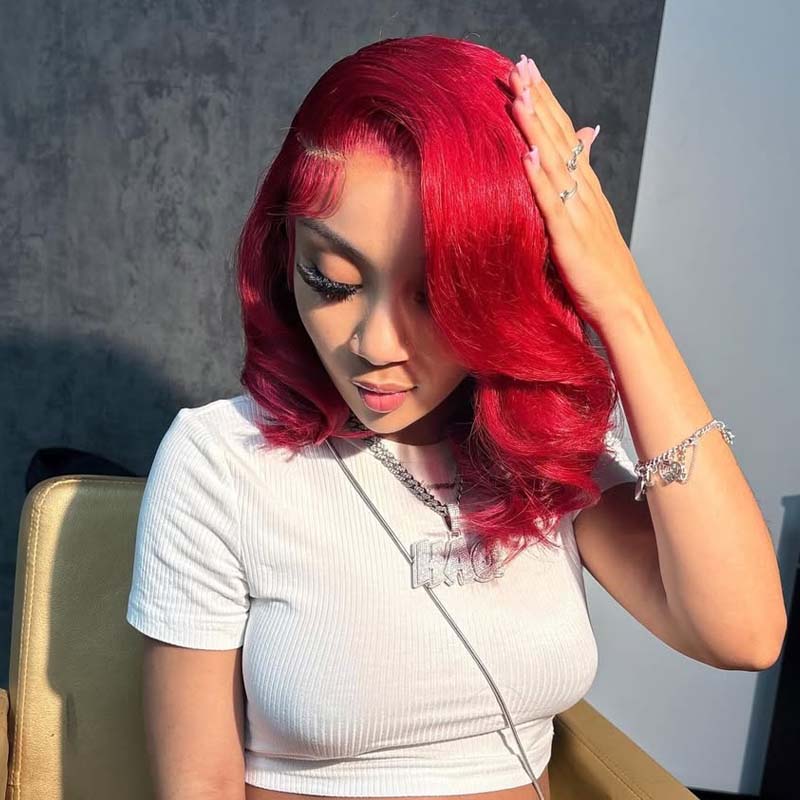 Eullair $99 Short Layered Cut Red Wavy Bob Wig with 13x4 Lace Frontal - 100% Human Hair Wig for Women | Perfect for Cosplay, Parties & Daily Fashion