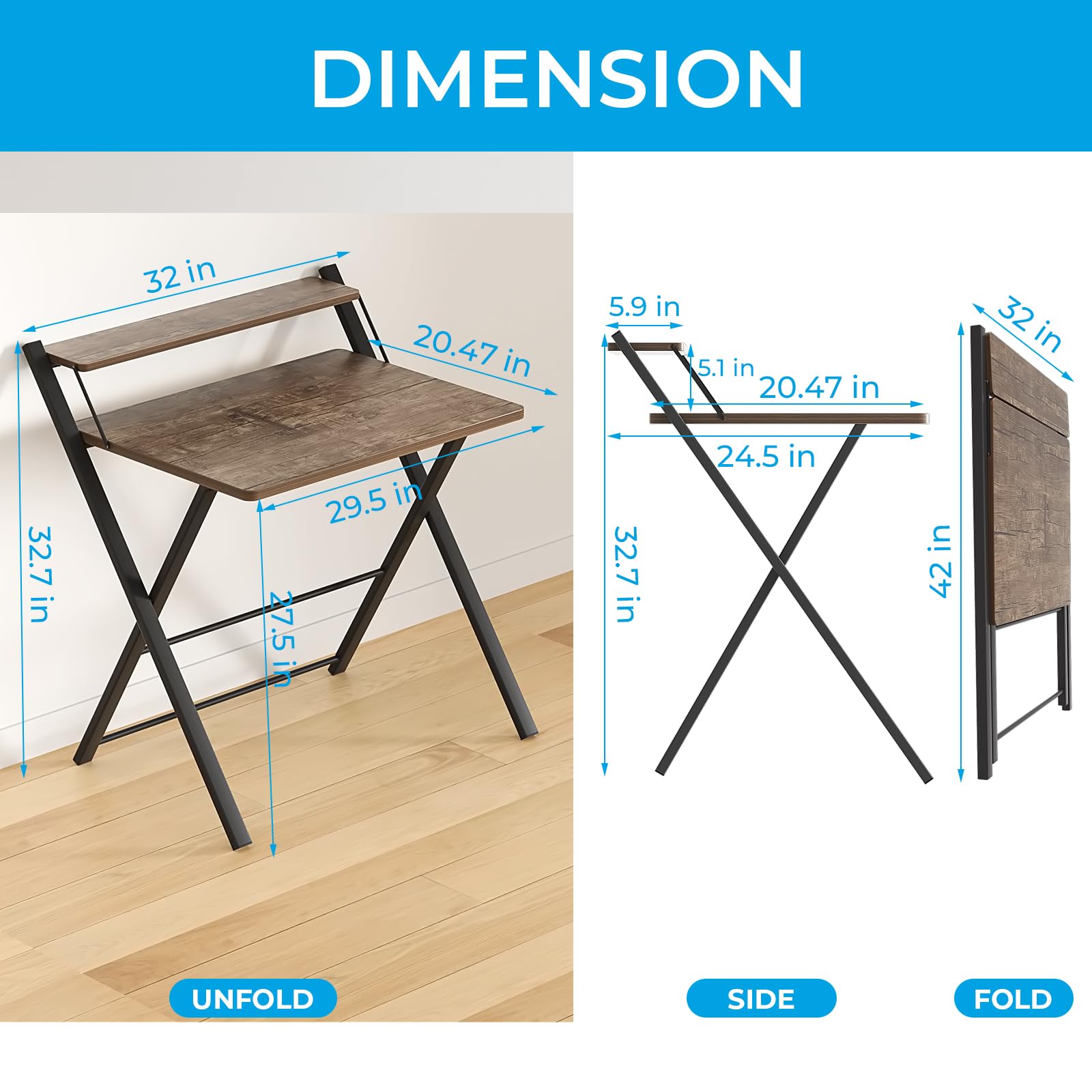 GreenForest Folding Computer Desk - No Assembly Required, 2-Tier Design with Shelf, Space-Saving Small Foldable Desk (32 x 24.5 inches, Brown) - Perfect for Home Office, Dorm Room & Small Spaces