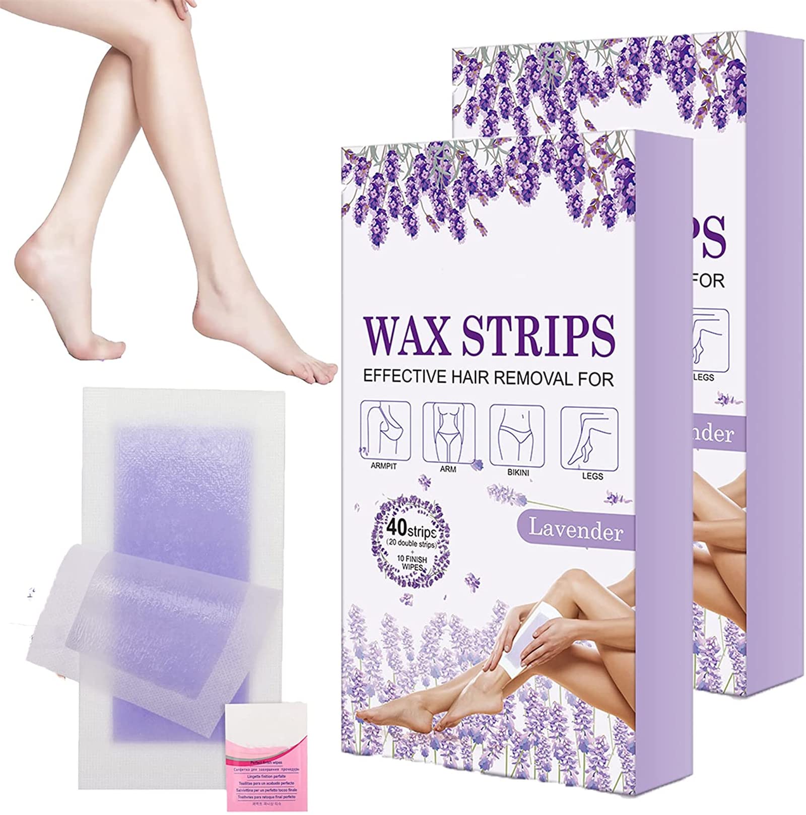 MTDBAOD Lavender Scented Wax Strips for Women - Natural Hair Removal Waxing Kit for Body, Legs & Arms with Soothing Wet Wipes | At-Home Smooth Skin Care for Bikini Line, Underarms & Facial Hair Removal