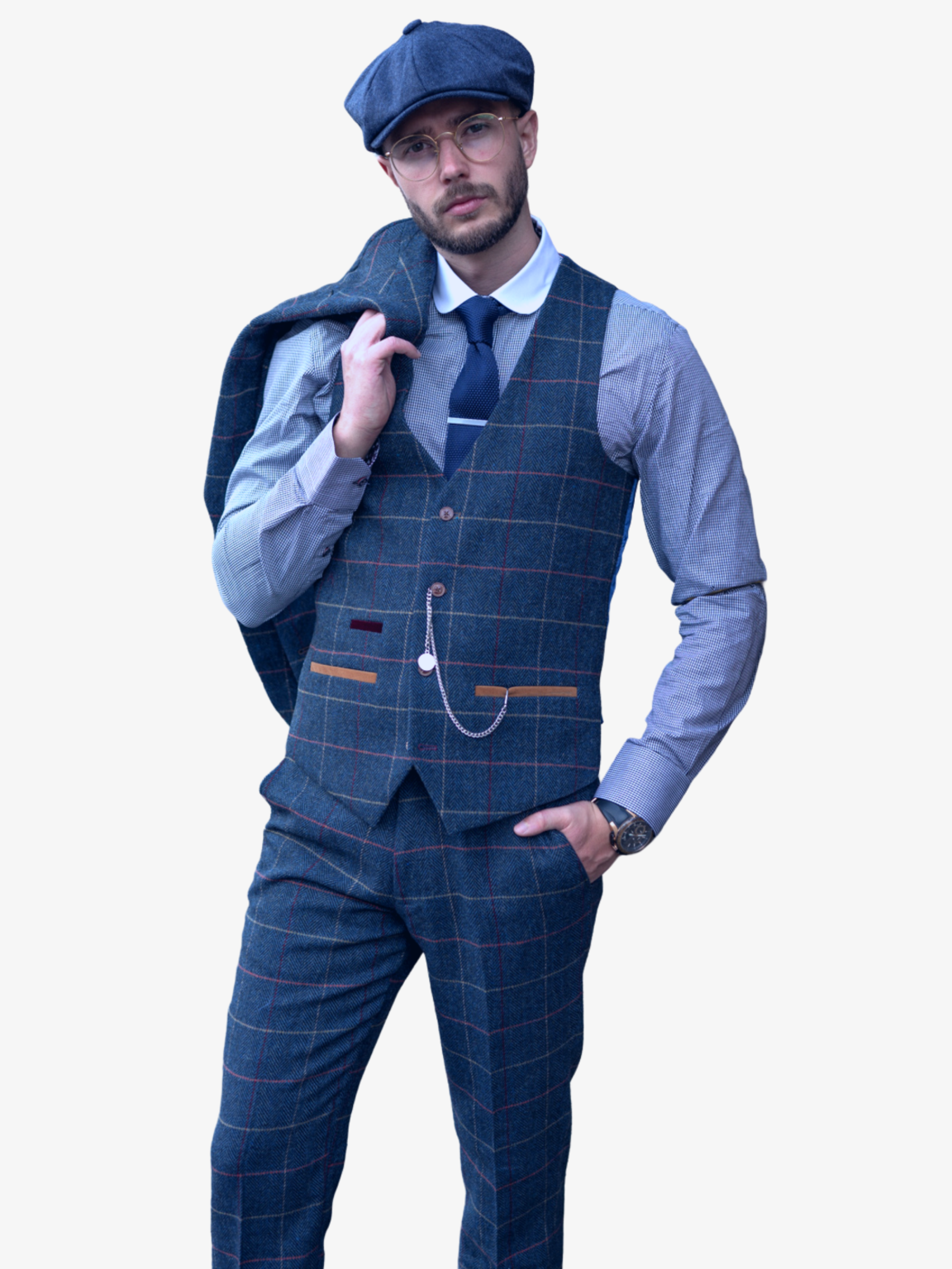 Marc Darcy Eton Navy Blue Tweed Check 3-Piece Suit for Men | Classic British Style Formal Wear | Perfect for Weddings, Business Meetings & Special Occasions