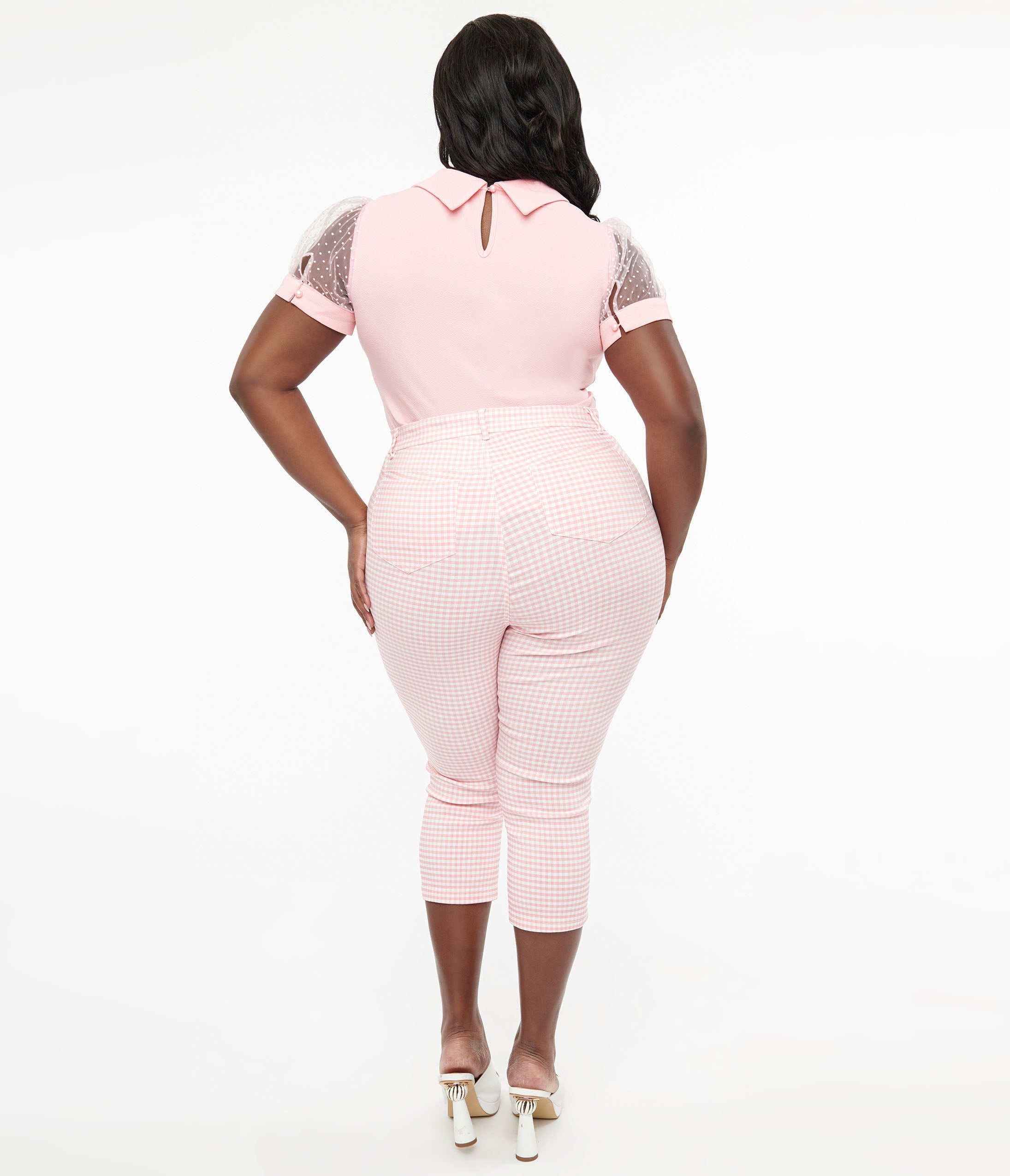 Smak Parlour Plus Size Pink & White Gingham Capri Pants for Women - Comfortable Stretch Summer Casual Pants for Beach, Vacation & Outdoor Activities