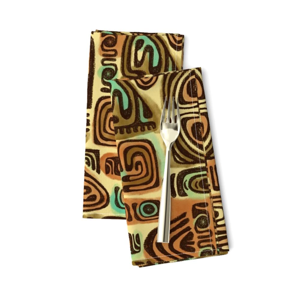 Tiki Aloha Vintage Printed Linen Cotton Canvas Dinner Napkins (Set of 2) - Orange Yellow Stained Brown Dye Polynesian Retro Design for Dining, Parties & Hawaiian Theme Decor