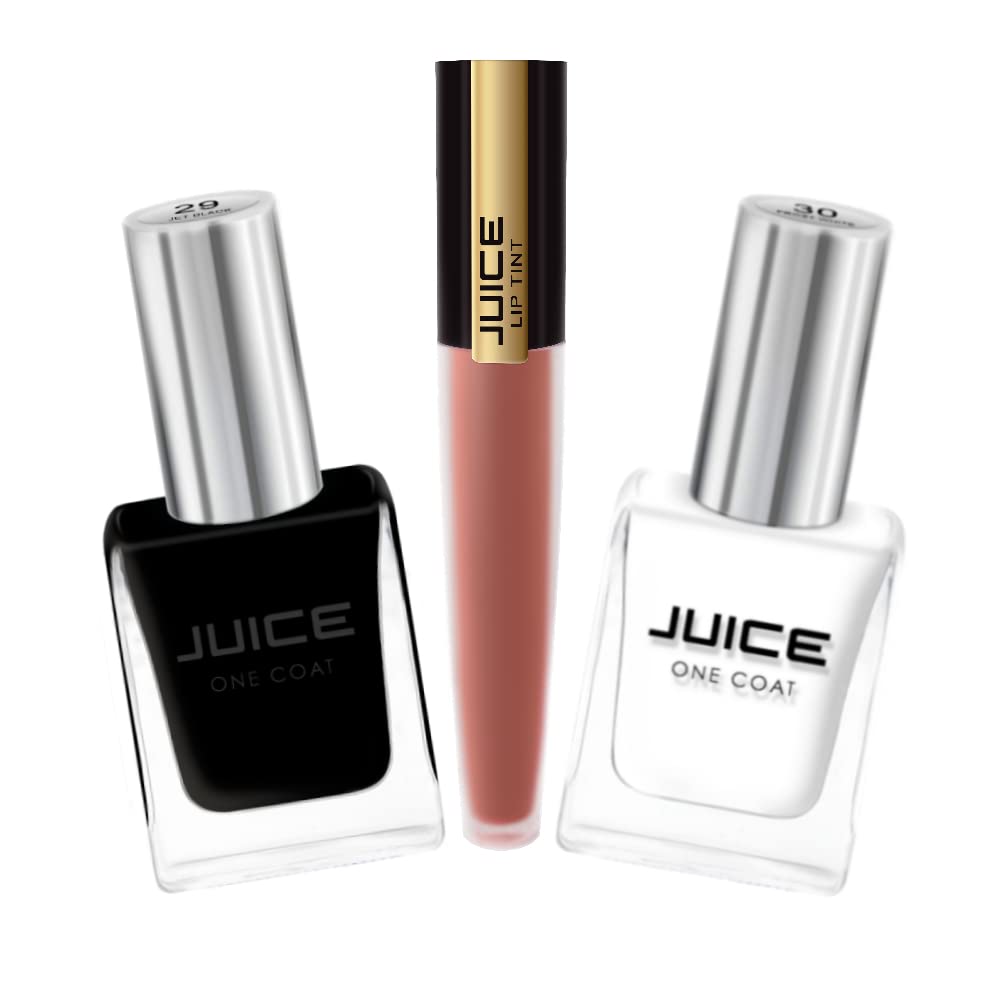 JUICE One Coat Nail Polish Combo Set - 2 Pack Black & White Collection (Jet Black-29 & White-30) | High Gloss, Chip Resistant, Quick Dry Gel Effect Nail Polish | 11ml Each + 1 Waterproof Long Lasting Lip Tint (Cherry Jubilee-M70) | Perfect for Daily Wear, Parties & Special Occasions